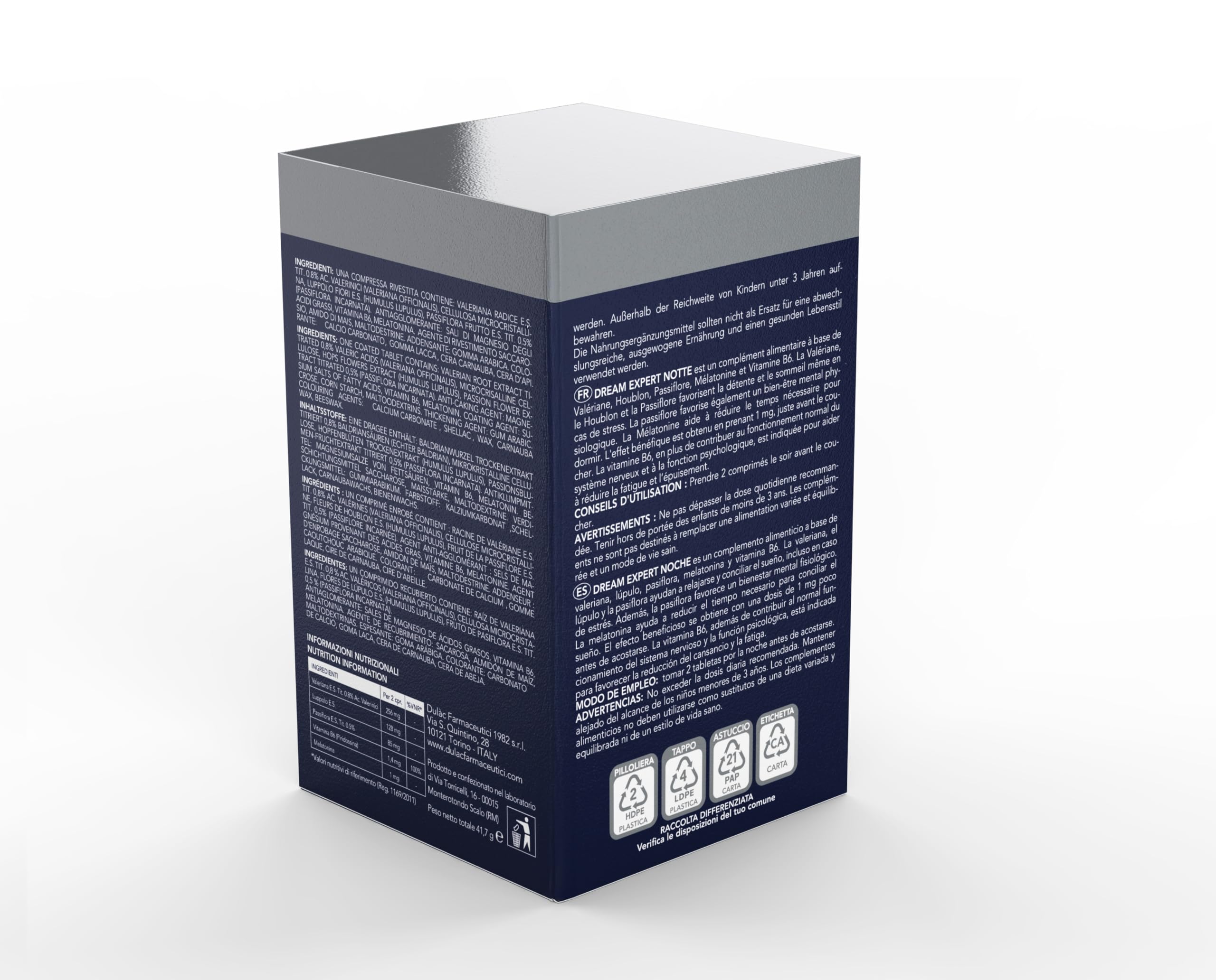 Dulàc - Dream Expert Notte 60 compresse, Integratore alimentare per rilassamento e regolazione del sonno, regola il benessere mentale. Con Melatonina, Valeriana, Luppolo, Passiflora e Vitamina B6.