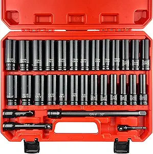 1/2" Drive Impact Socket Set, SAE and Metric, Cr-V Steel, 6 Point Deep & Shallow Sockets (30pcs 1/2" Socket Set)