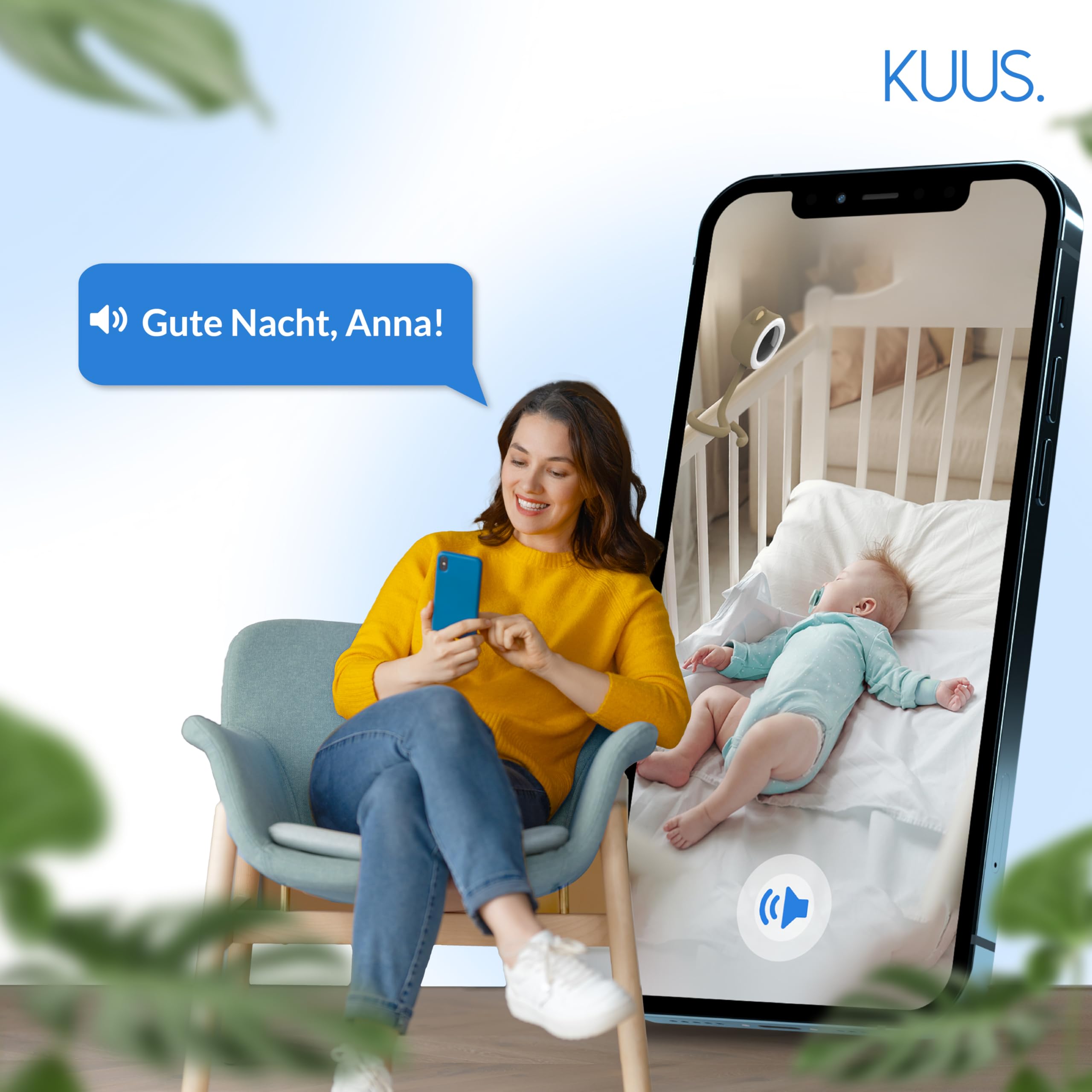 KUUS. Babyphone mit Kamera und APP 2K, Babyphone ohne Monitor WLAN mit App, Nachtlicht. Weißes Rauschen, White Noise Einschlafhilfe, BabyKamera