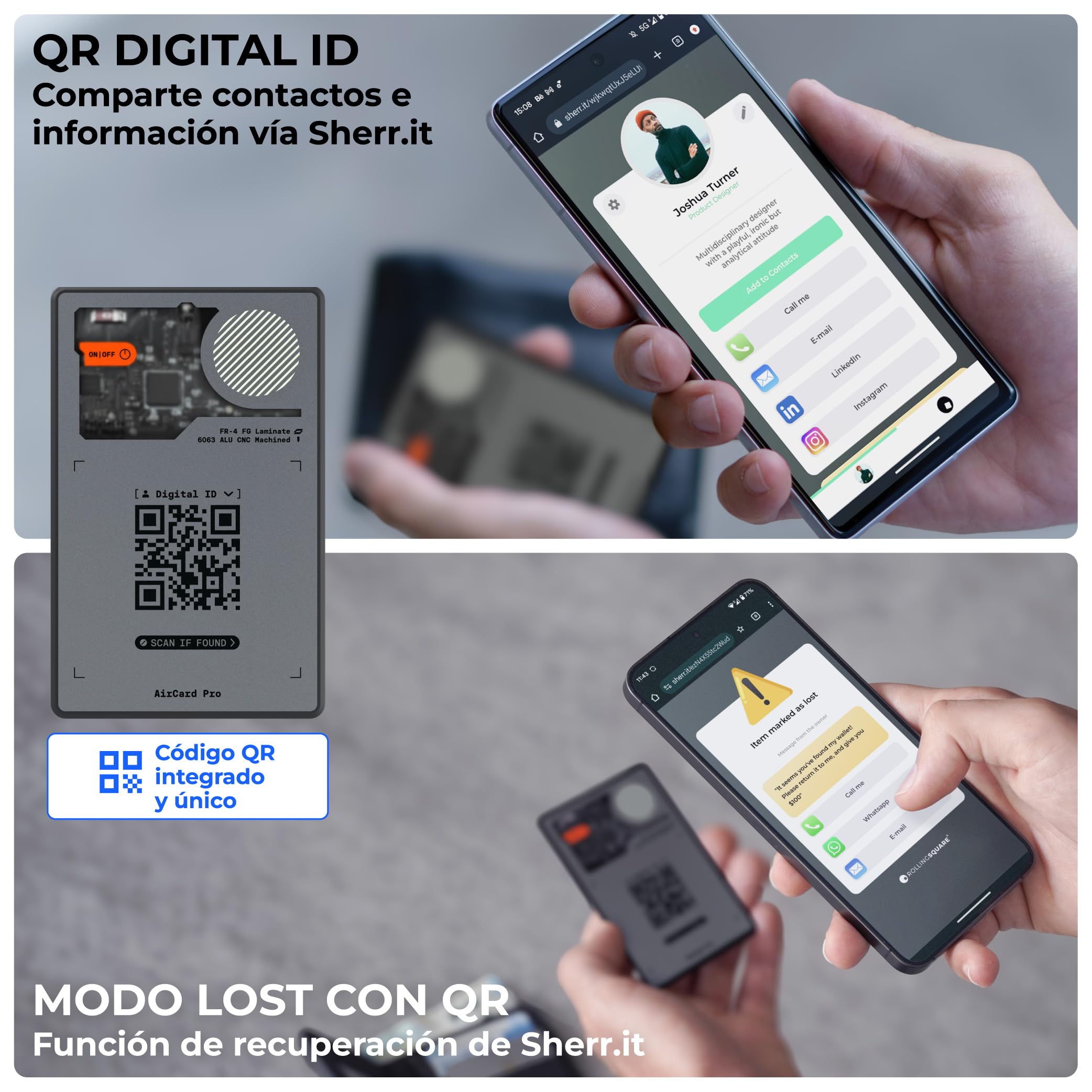 Rolling Square AirCard Pro Dual - Tag Localizador Android y Apple Compatible con Apple Find My y Google Android Find Hub, Smart Tag con Carga Inalámbrica ID Digital, Buscador de Llaves Cartera Gris 2x