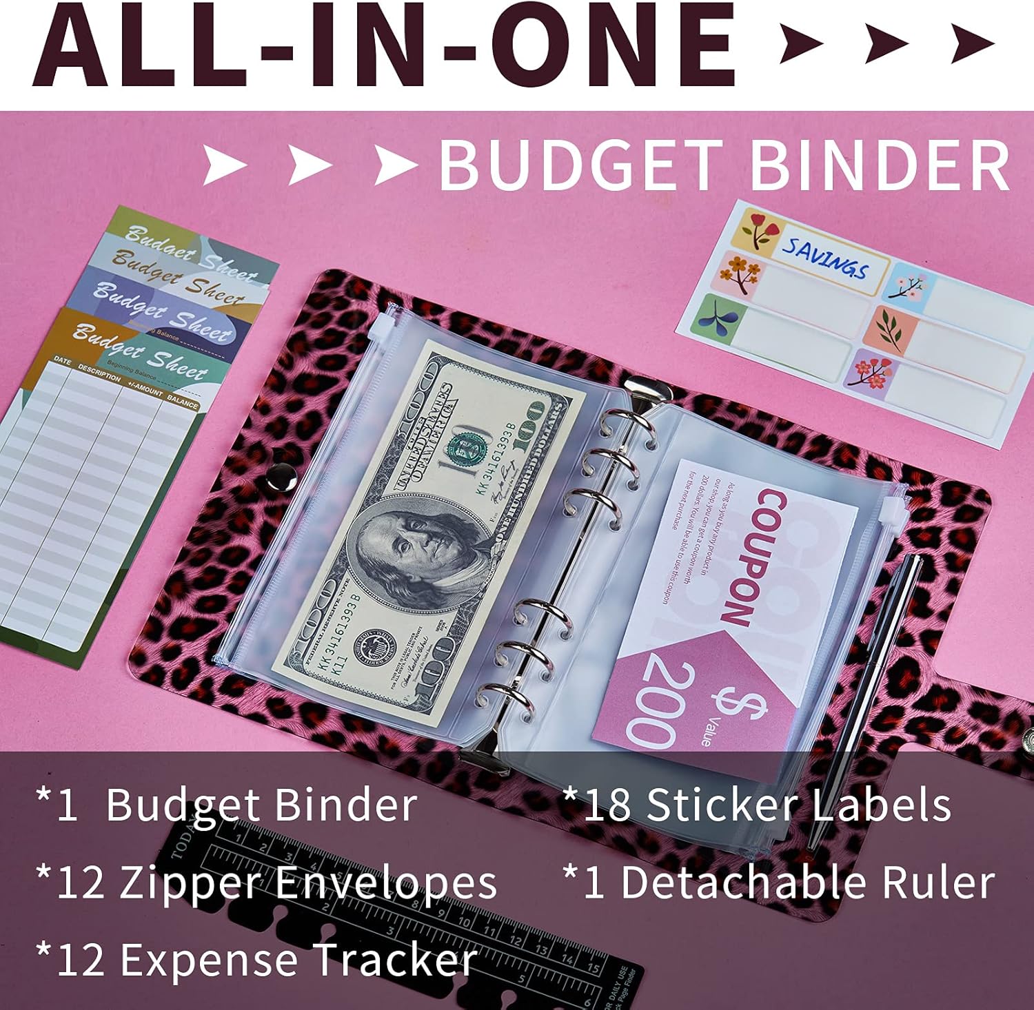 Leopard Cash-Envelope Budget Binder Organizer - Mini Binder Set with 12 Pieces A6 Zipper Pouch, Expense Tracker & 18pcs Label Stickers, Personal Portfolio Binder for Holding Cards, Cash and Coupons : Office Products