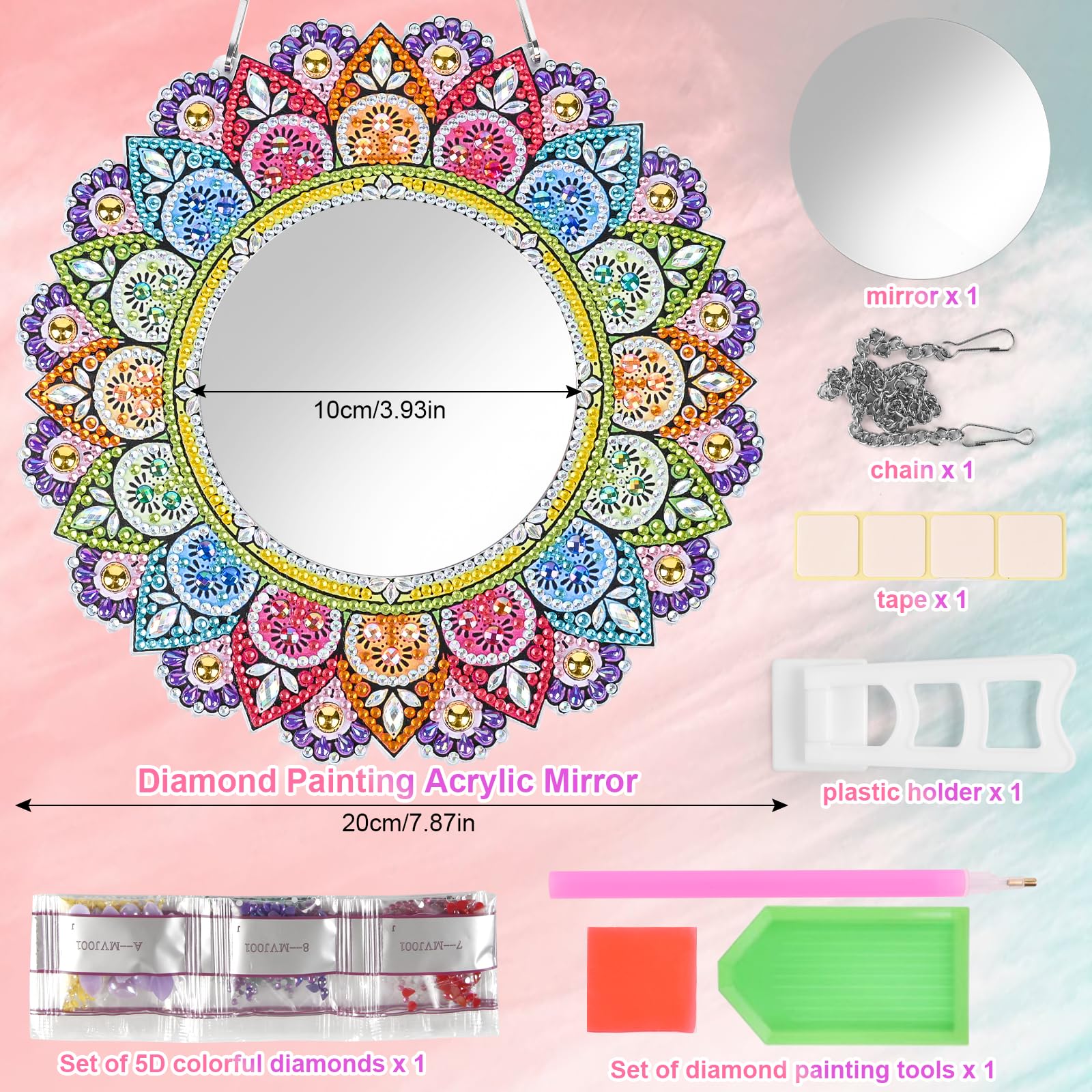 Set De Espejo Con Diamantes 5D Para Niñas | Mandala DIY Creativo Con Piedras De Colores