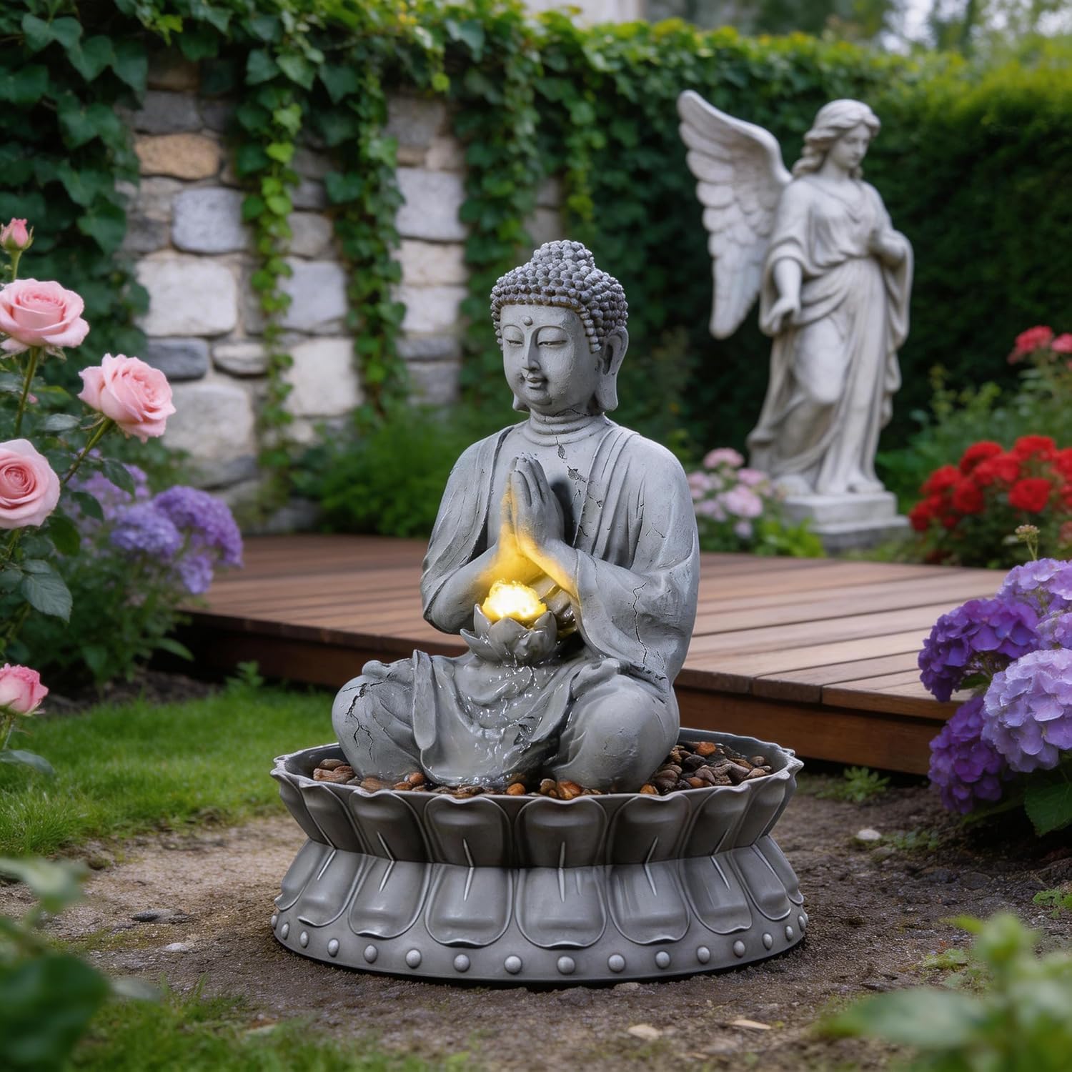 Outdoor Water Fountains Seated Buddha Lotus Help Meditation, Relaxation, and Tranquility with Warm LED Lights Fit Yard, Garden, Lawn