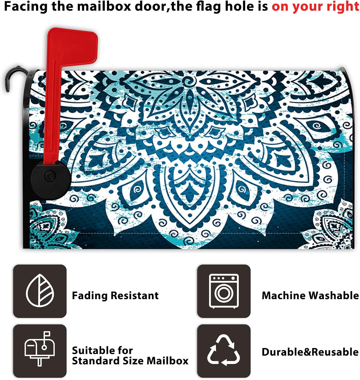 Baocicco Vintage Mandala Mailbox Cover Magnetic Dark Blue Boho Mailbox Covers for Garden Blue and White Mail Box Wraps Post Letter Box Standard Size 21x18 Inch for Home Outdoor Decorations