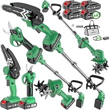 Tool Set, Including An Electric Pruner, Electric Chainsaw, Mini Tiller, And Extension Pole, Equipped With A Battery And Charger, For Garden Trimming, Lawn Maintenance, and Shrub Pruning.