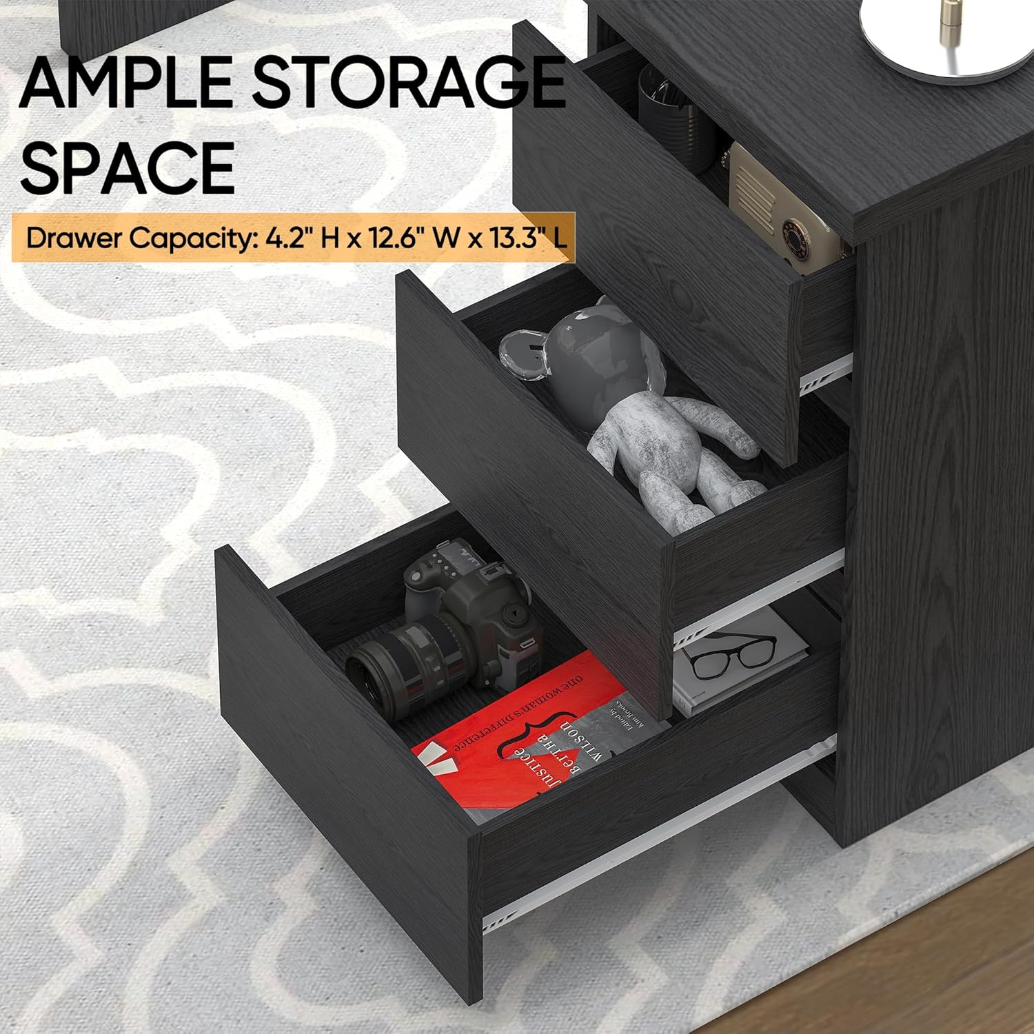 furtble Computer Desk with Drawers, 53.5 inches Wood Work Desk, Home Office Desks Workstation with Storage, Modern Gaming Computer Table for Bedroom, Living Room, Black