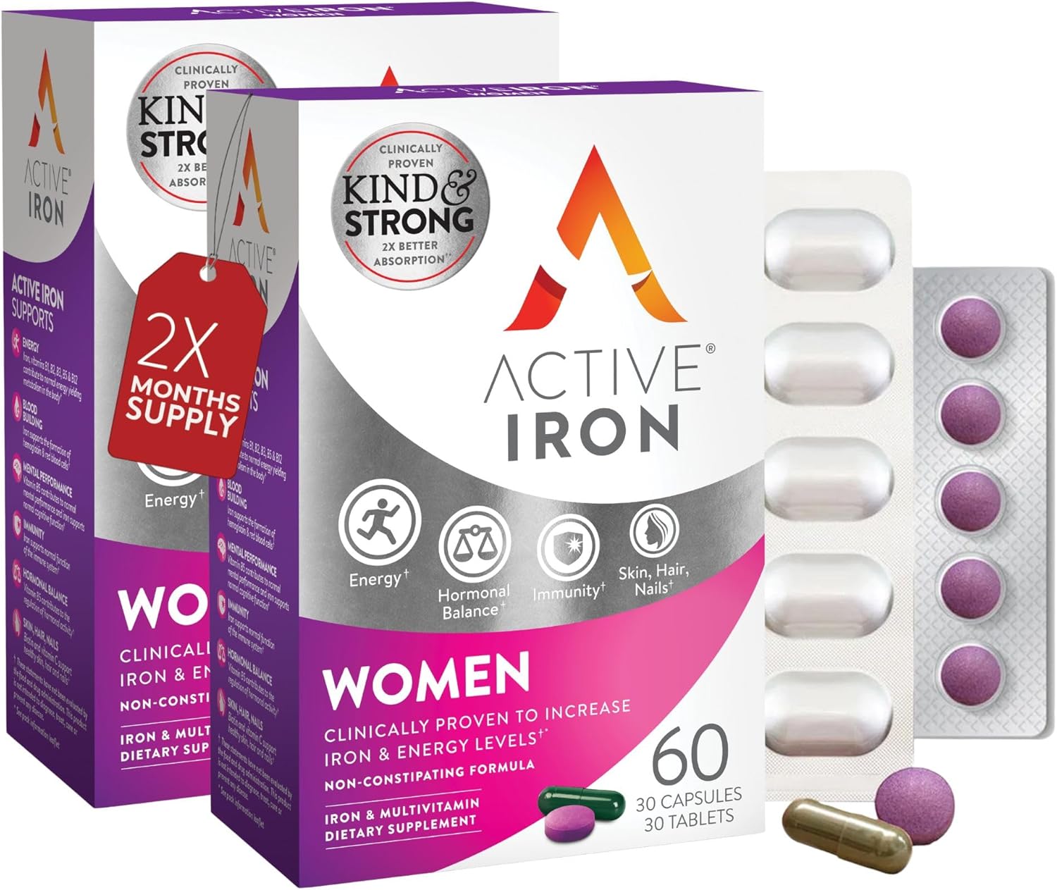Active Iron Supplement 25mg  Multivitamin for Women – Clinically Proven to Increase Energy & Reduce Tiredness – Gentle, Non-Constipating Iron  Women’s Multivitamin – 60 Capsules  60 Tablets