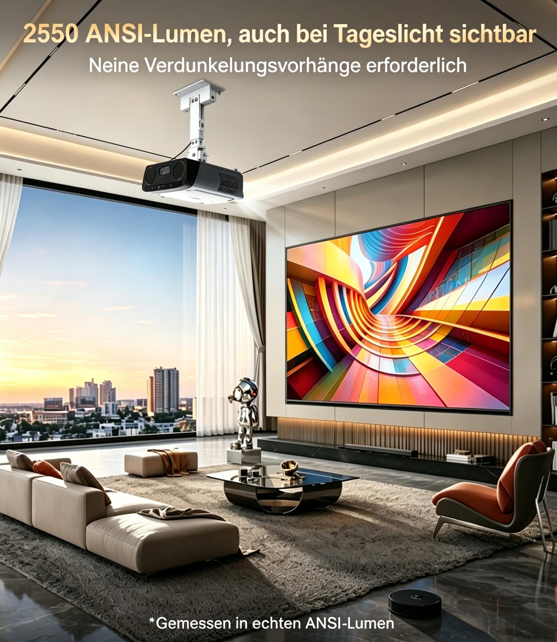 4K Google TV Tageslicht Beamer 2550 ANSI-Lumen Projektor für Heimkino | Smart Beamer,Streaming-Apps, 70W Dolby Audio,ToF-Autofokus,WLAN6,BT5.4 & NFC,HDMI ARC,MEMC Filme ,Gaming und Outdoor
