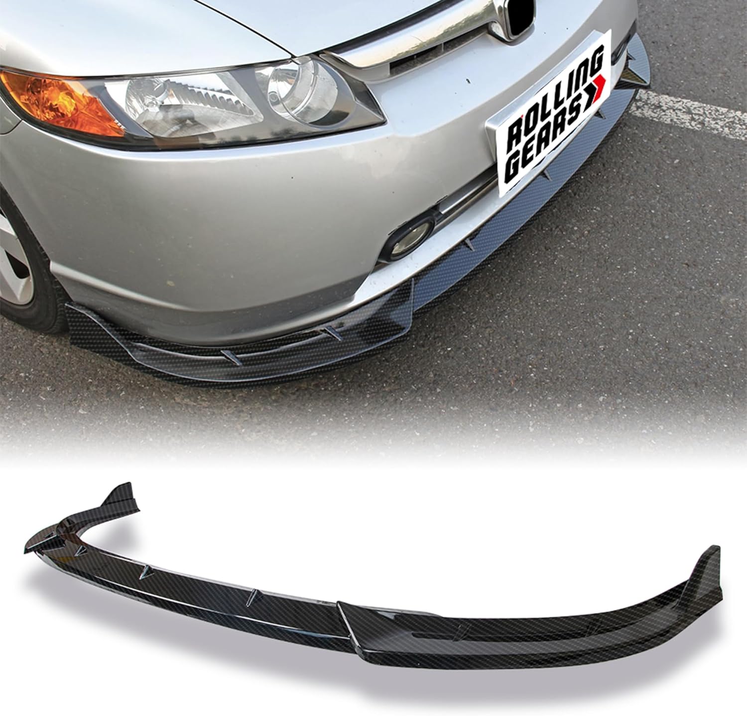 Carbon Fiber Look Front Lip Spoiler Compatible with Honda Civic 8th Gen Sedan 2006-2008 Front Bumper Spoiler, 3-Piece Front Spoiler Exterior Body Kit