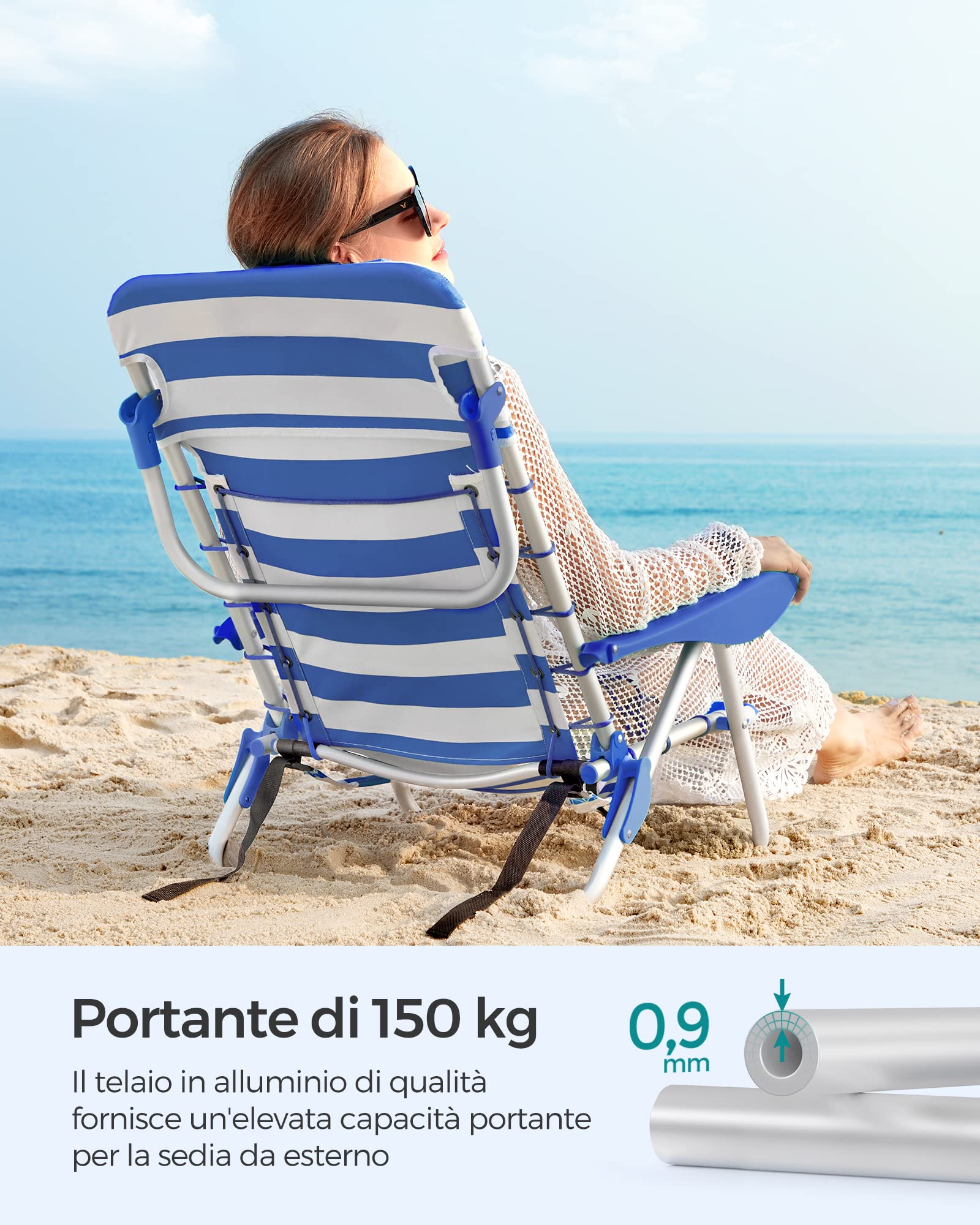 SONGMICS Sedia da spiaggia, sedia da campeggio pieghevole, con tracolla, schienale regolabile, poggiatesta, bracciolo, 2 tasche laterali, blu e bianco GCB62BU