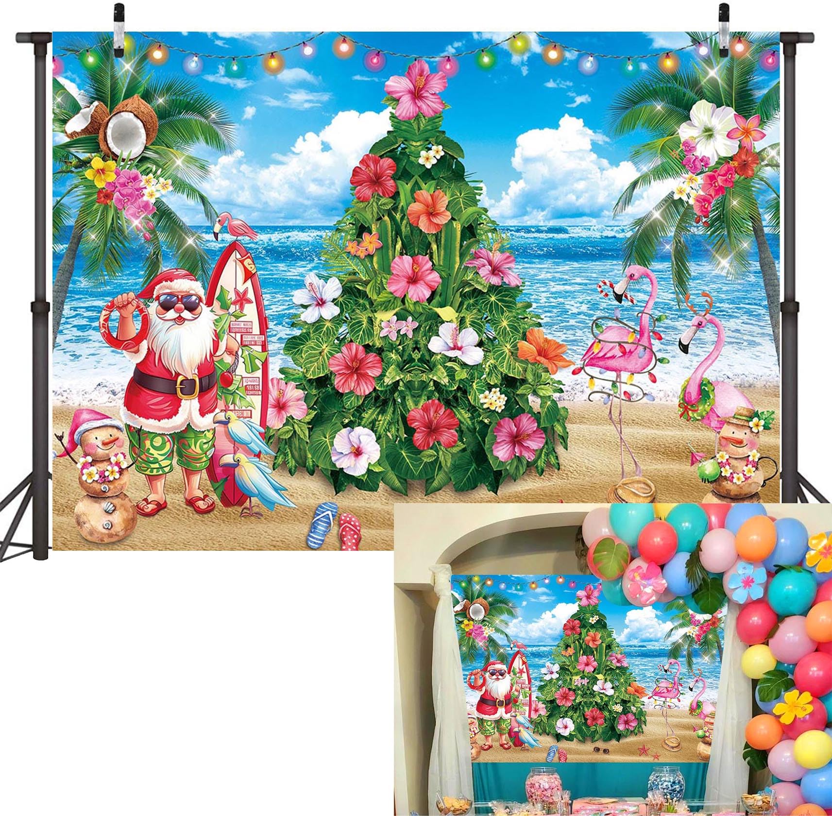 PGSWEER Christmas in July Backdrop 8x6FT Summer Hawaiian Tropical Beach Flamingo Photography Background Family Holiday Party Supplies Photo Props