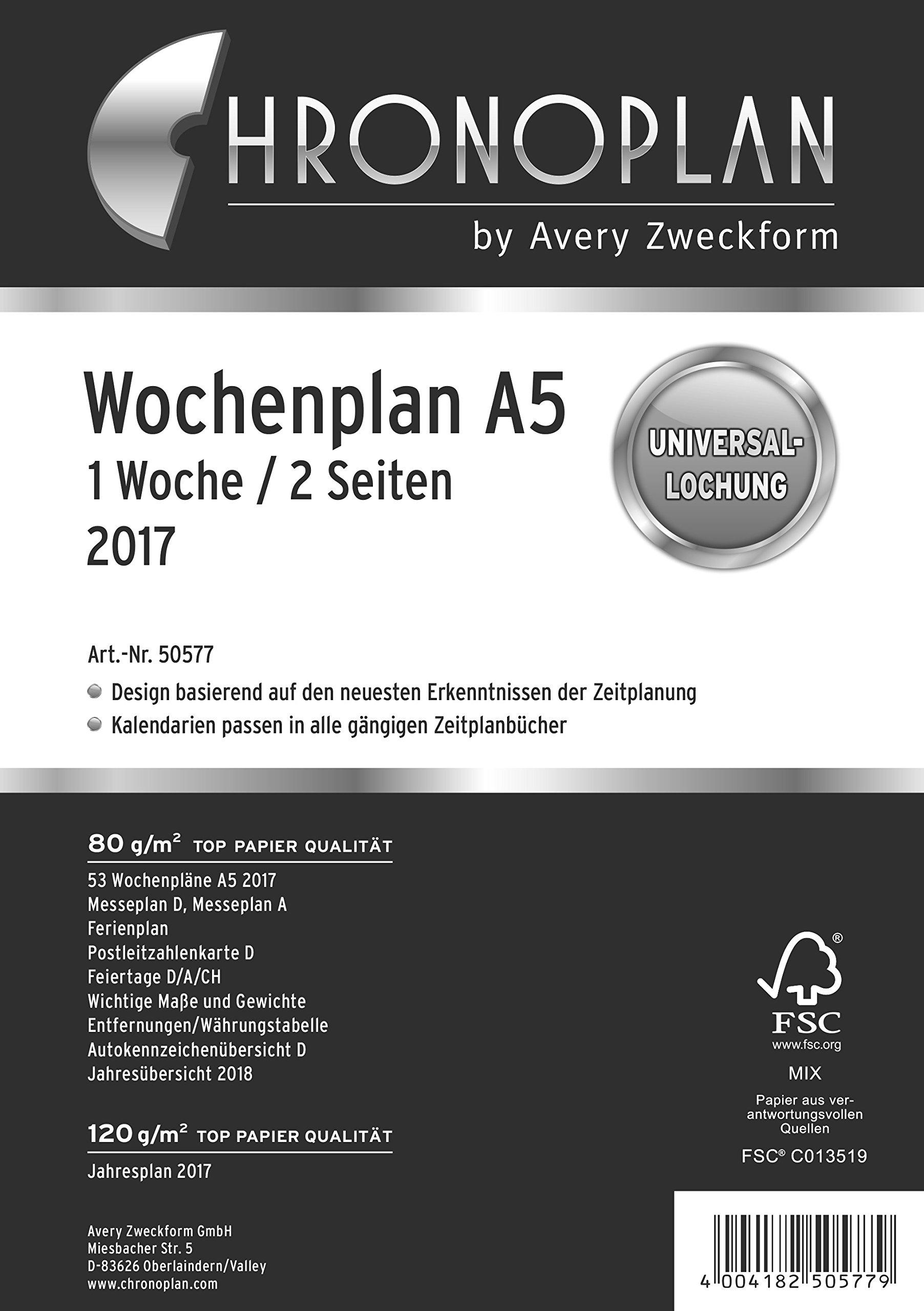 Chronoplan 50707 2017 (pamiętnik tygodniowy plan w kolumnie - biały 1 tydzień/2 strony (w linie) a5