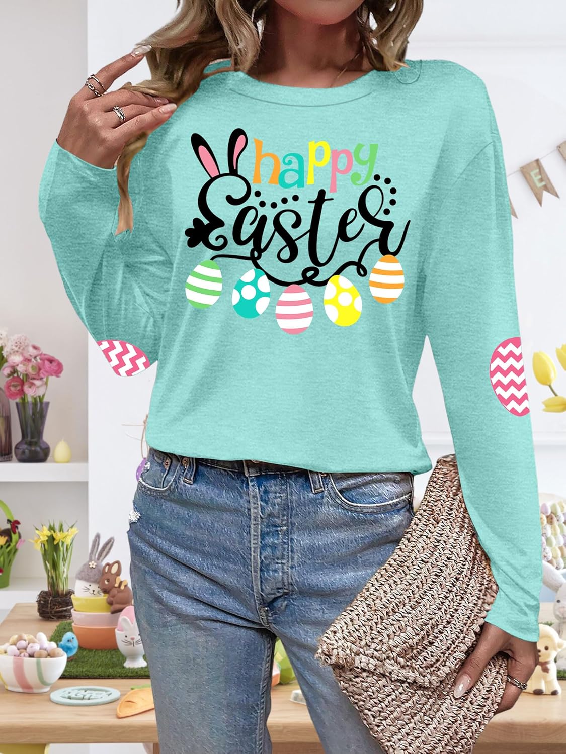 Easter Shirt for Women: Happy Easter Shirts Bunny Shirt Cute Rabbit Graphic T Shirts Casual Long Sleeve Tee Tops - Image 4
