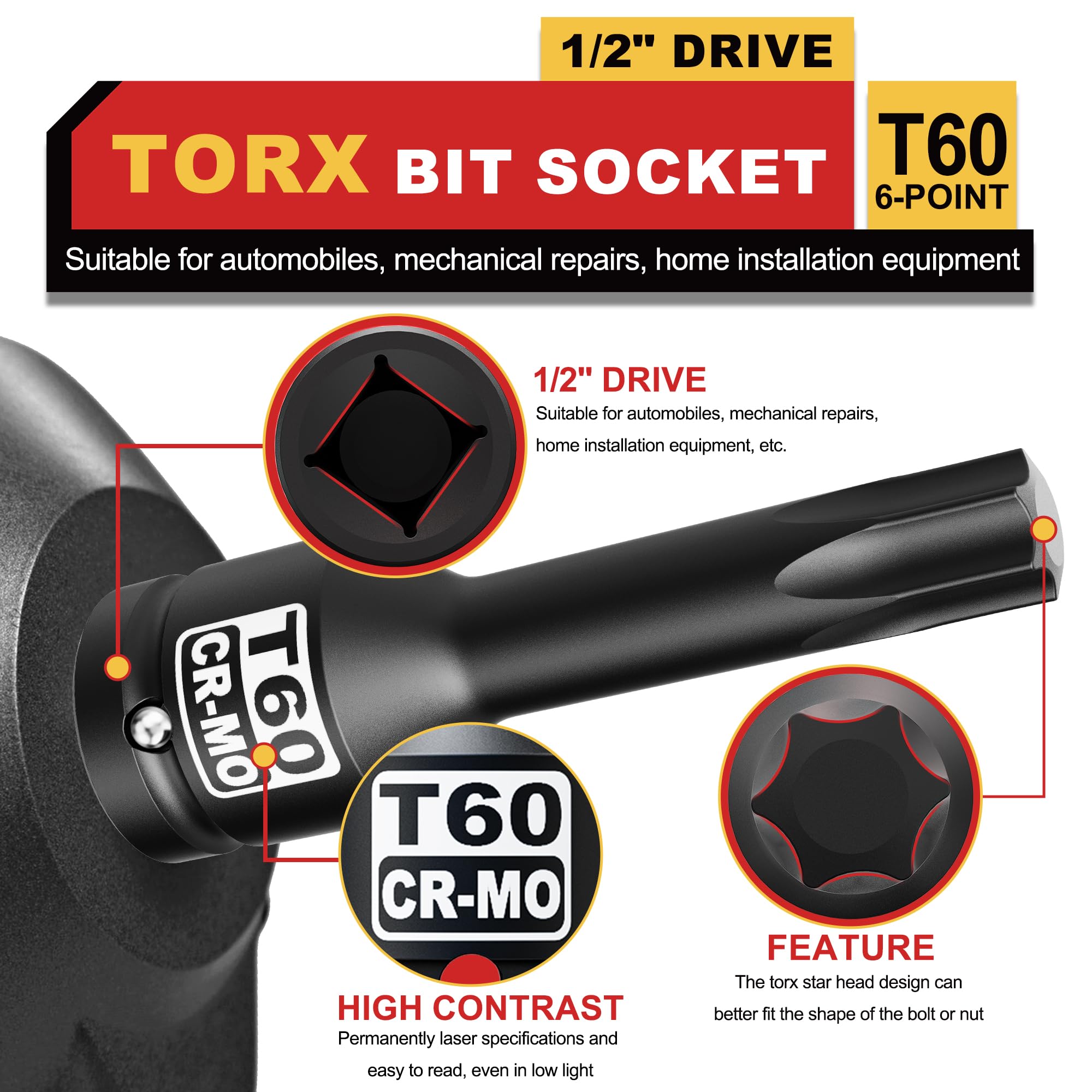 Juego de Llaves de Vaso de Impacto con Puntas Torx, 1/2 Pulgadas, T60, CR-MO, Para Automóviles, Mantenimiento Mecánico y Equipos de Instalación Doméstica