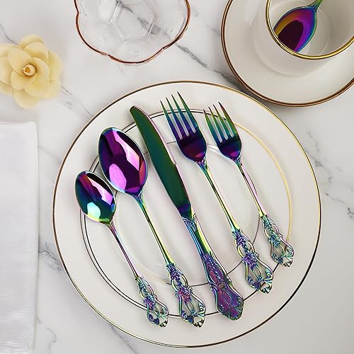 Miniatura 7 de Gorgeous Retro Royal Rainbow - Juego de cubiertos de acero inoxidable de 20 piezas, multicolor, juego de cubiertos de acero inoxidable antioxidante,