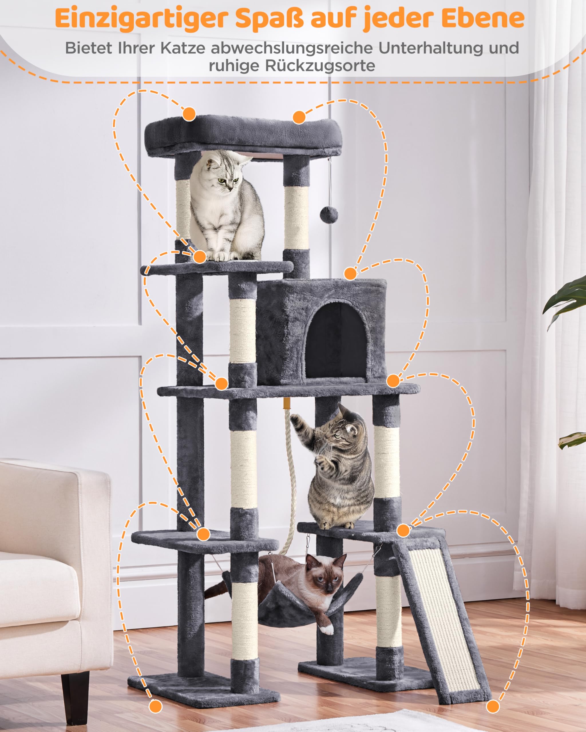 Yaheetech Drapak dla kota 159 cm, stabilne drzewko dla kota z jaskiniami i platformami, domek do zabawy dla kotów, ciemnoszary