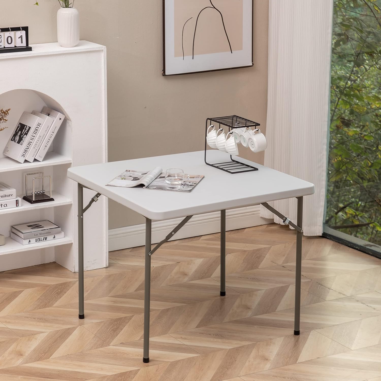 BTEXPERT 34" Square White Granite Plastic Folding Table Portable for Card Board Games Nights Gatherings Party Home Indoor Outdoor Lightweight
