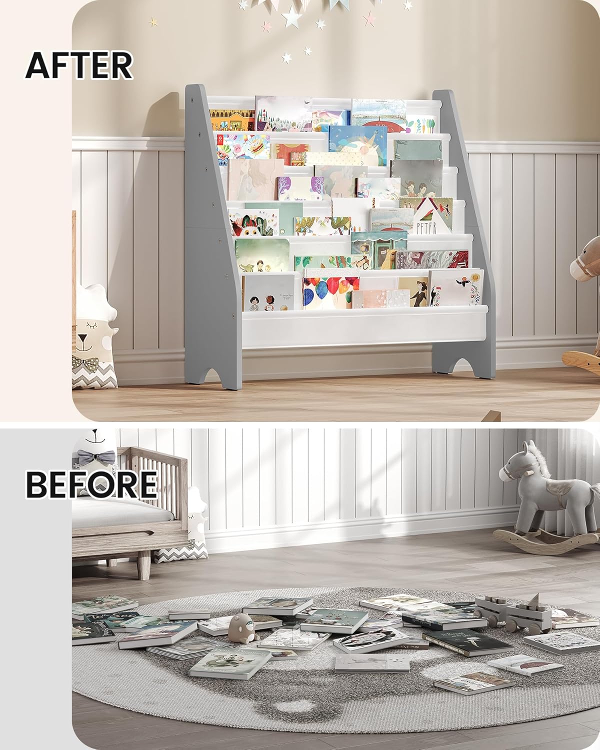 6-Tier Kids Bookshelf, Book Shelf for Kids Room, Sling Bookcase, Magazine and Book Storage Rack, Large Capacity Book Organizer for Nursery, Bedroom, Playroom, White and Gray MCW07WG - Image 6