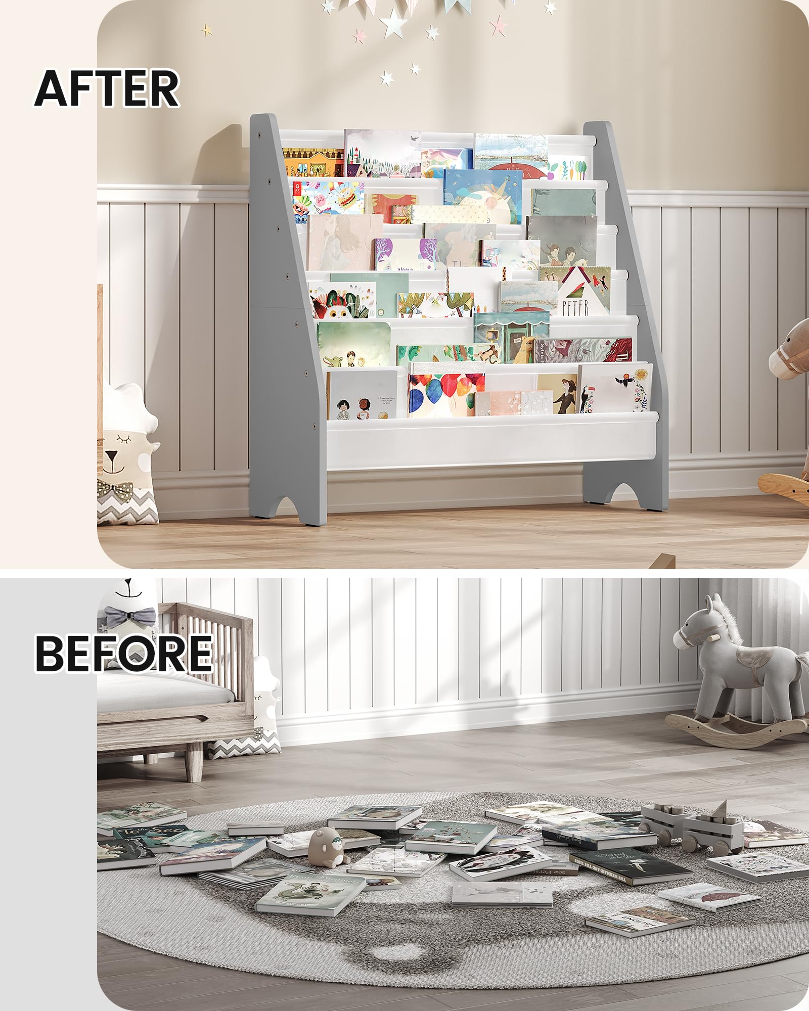 Wooshwa Boekenplank Kinderen voor Kinderkamer Kinderboekenplank Kleine Boekenplank met 5 Planken & 3 Vakken, Montessori Boekenkast Gemaakt van Grenenhout en Polyester Canvas Stof Kleurrijke Zeemeermin