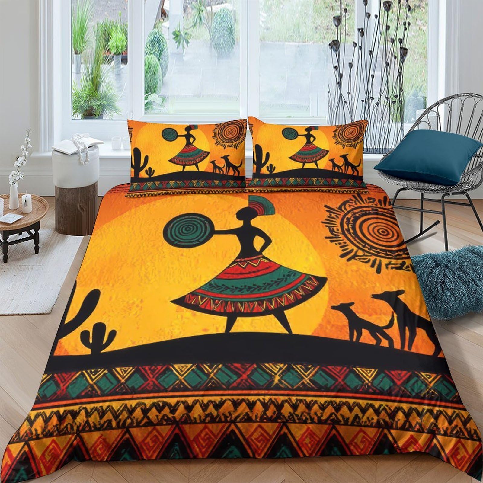 Ctjqhvkz Style-6 3D Printed African Tribal Art Fitted Sheet Microfiber Orange Geometric Sun Mattress Cover For Bedroom Guest Room Decor Single（135X200cm）
