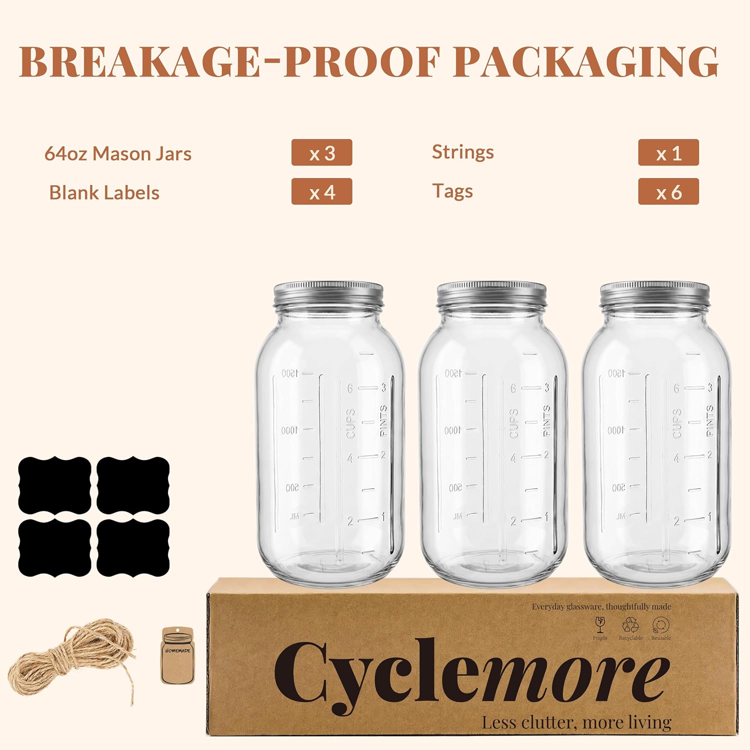 CycleMore Wide Mouth Jars 64 oz, 3 Pack Glass Mason Jar with Airtight Lids