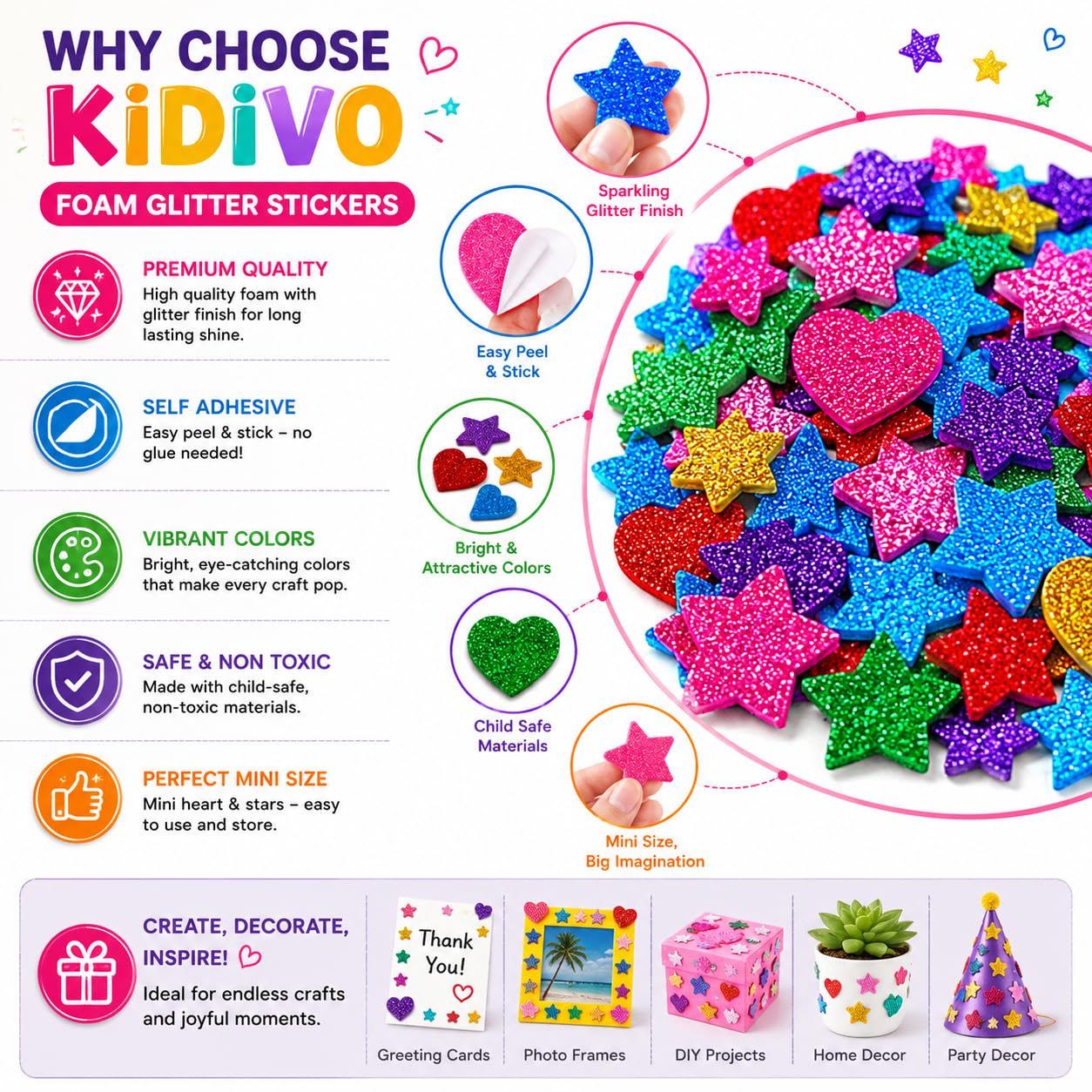 Kidivo Foam Glitter Stickers Self Adhesive, Mini Heart and Stars Shapes for Kid's Arts Craft Supplies Greeting Cards Home Decoration (120 Pieces) 3