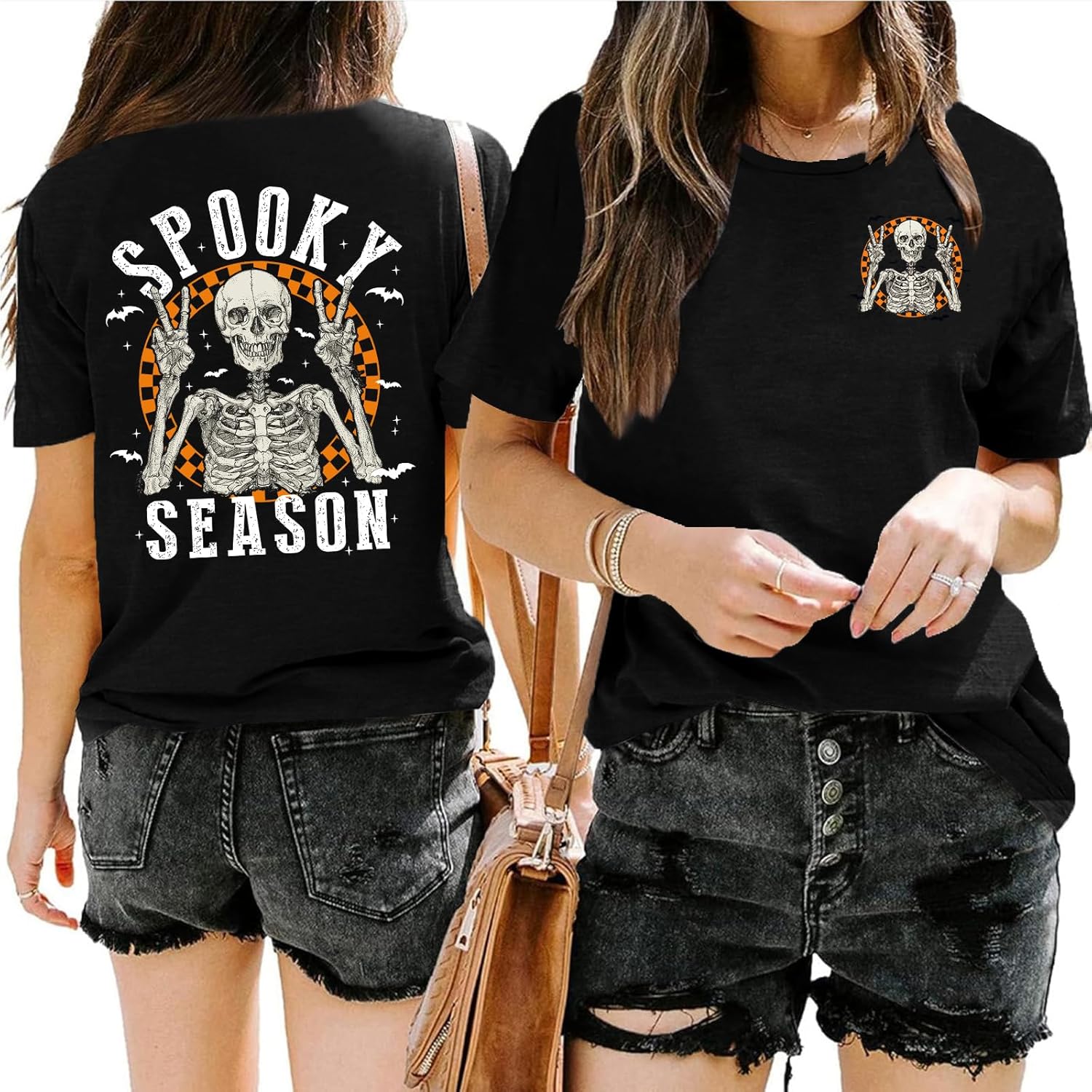 Halloween Shirts Women Spooky Season T Shirt Retro Skeleton Graphic Tee Vintage Fall Tops
