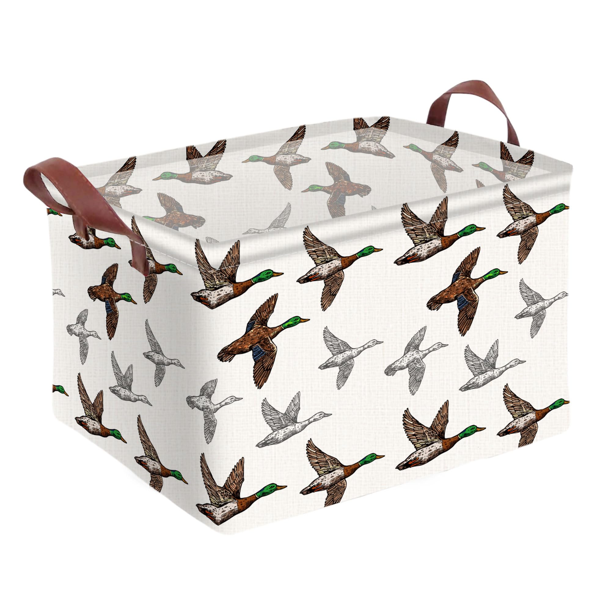 AmazerPad Mallard Duck Storage Basket Waterproof Canvas Toy Storage Bin Mallard Duck Room Decor Collapsible Outdoor Basket with Leather Handles