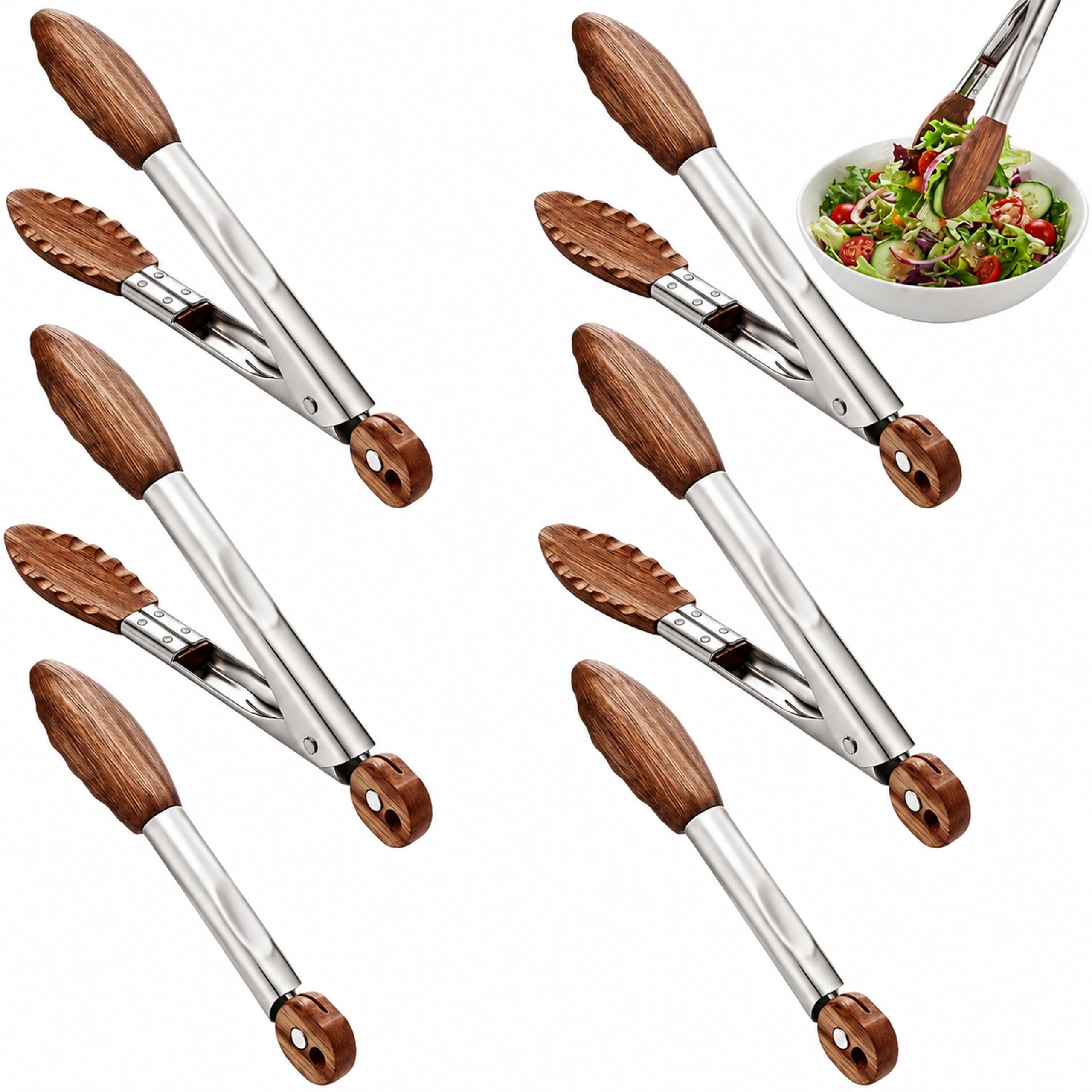Honeydak Juego de 6 pinzas de cocina de madera de nogal de 7 pulgadas de acero inoxidable con punta de madera de nogal, utensilios de cocina para servir alimentos, parrilla, bufé, boda, fiesta