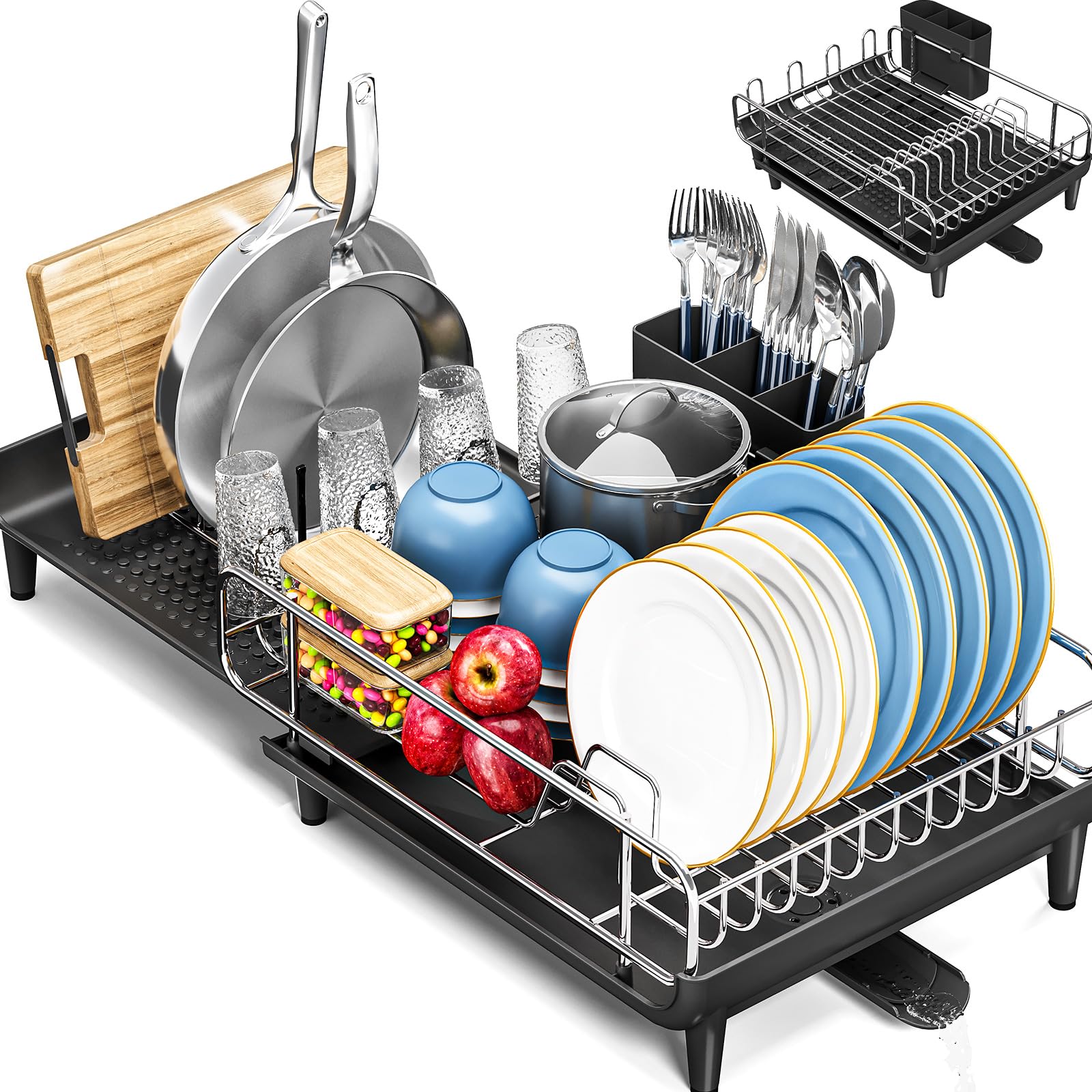 Urackify Escurreplatos Extensible, Escurridor de Platos, Escurreplatos de Gran Capacidad con Tabla de Drenaje Multifuncional, Escurreplatos Plegable con Porta Utensilios