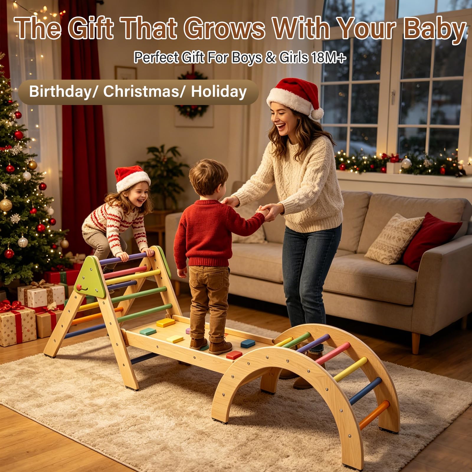 7 in 1 Montessori Klettergerüst Set Kinder ab 18m+ Holz Pikler Dreieck Baby Indoor Spielset Kletterdreieck mit Rutsche, Bogen, Leiter faltbar Spielplatz Geschenk für Kleinkinder Jungen und Mädchen 1-3