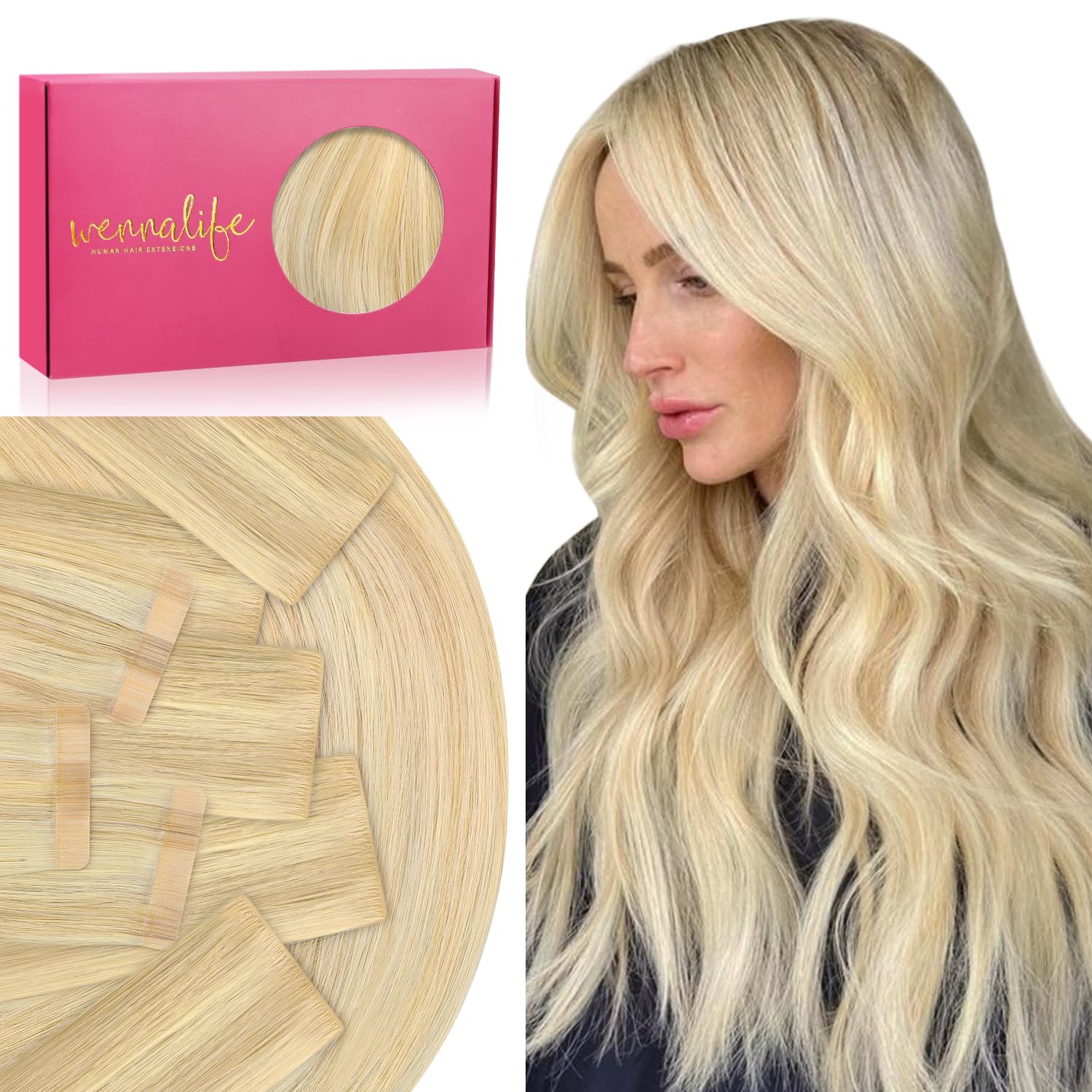 WENNALIFE Tape Extensions Echthaar, 25 to 65cm 10 to 40 Stück Invisible Tape in Extensions Echthaar, Haarverlängerung Echthaar, Remy Gerade Haarextension Echthaar