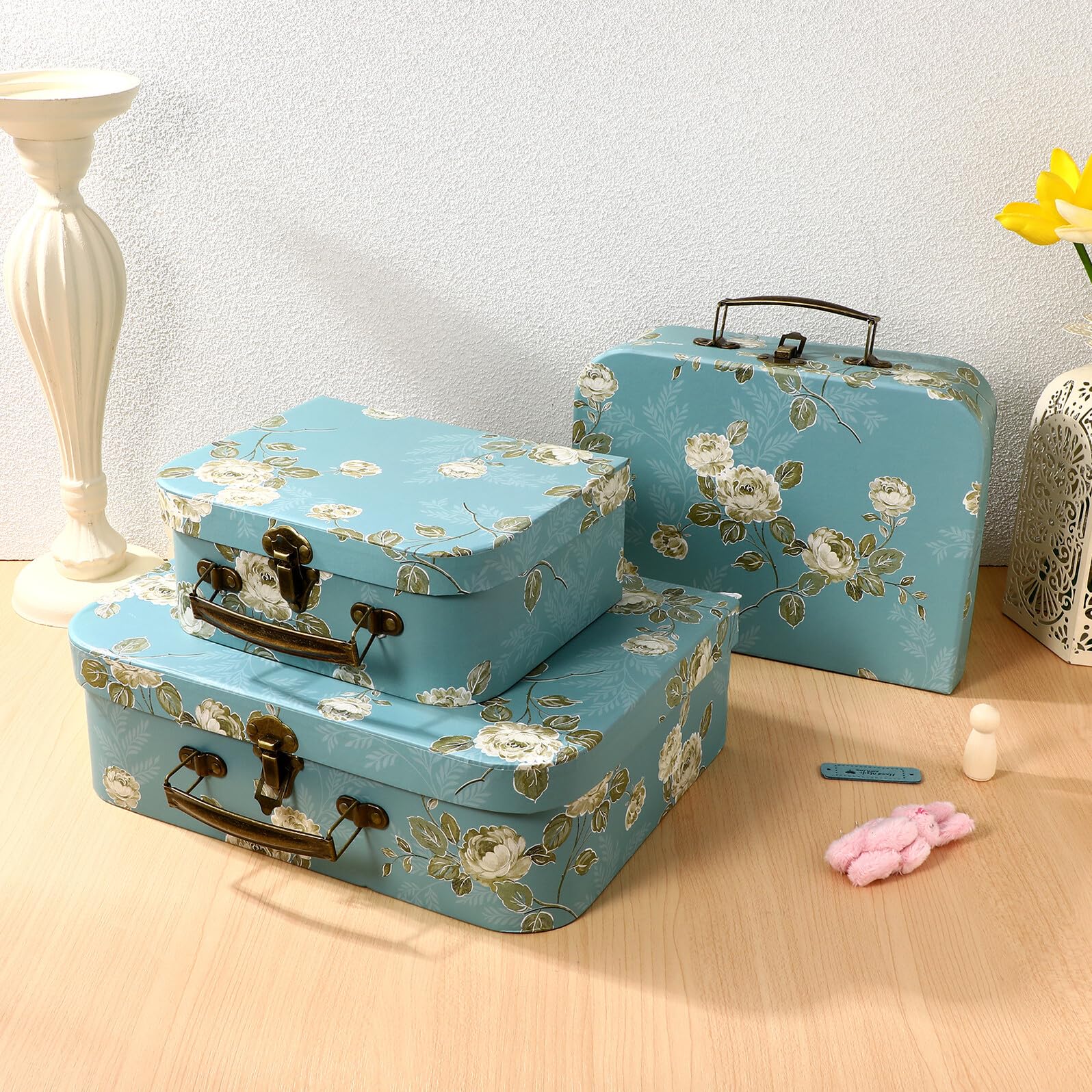 VALICLUD Set 3 Scatole Valigie in Cartoncino con Manici in Metallo Scatole Impilabili per Shower e Compleanni con Design Floreale Raffinato