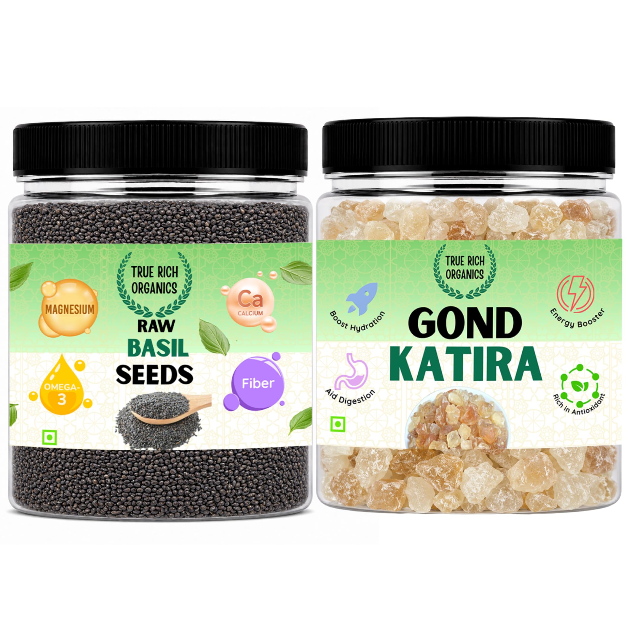 True Rich Organics Basil Seeds and Gond Katira Combo 300g | for Weight Management| Rich in Calcium, Fiber, Energy Booster Combo Pack 150g Each-image-39
