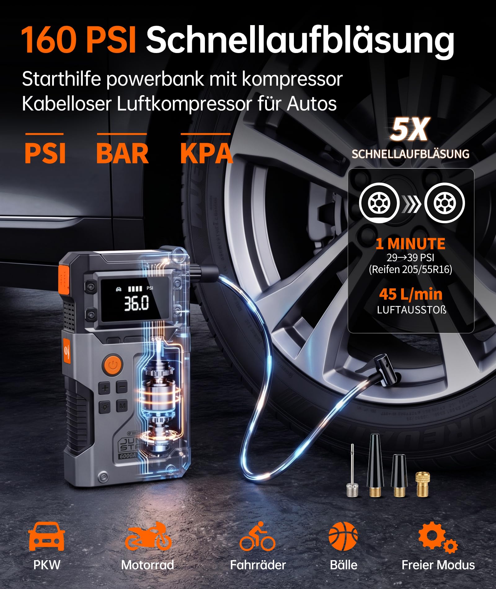 6000A Star thilfe Powerbank mit Kompressor 160PSI für Auto | Starthilfe Powerbank 6000A + 160PSI Kompressor. Geeignet für PKW, SUV, Motorrad, Boot. Verpolungsschutz. Inkl. LED-Lampe