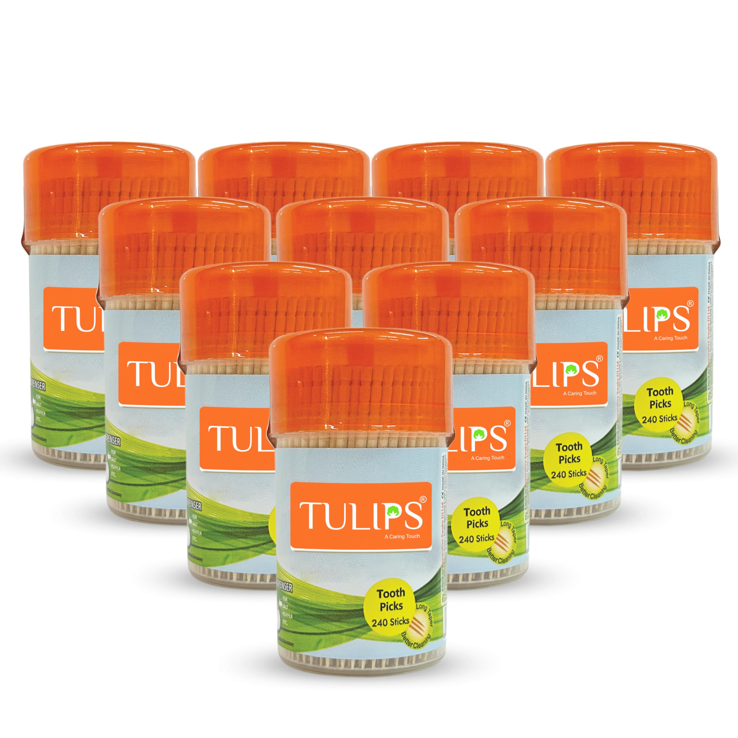 Tulips Wooden Toothpicks 240 Sticks in Reusable Dispenser | Premium Birchwood Toothpicks for Home, Dining, Parties & Travel | Hygienic & Eco-Friendly (Pack of 10)