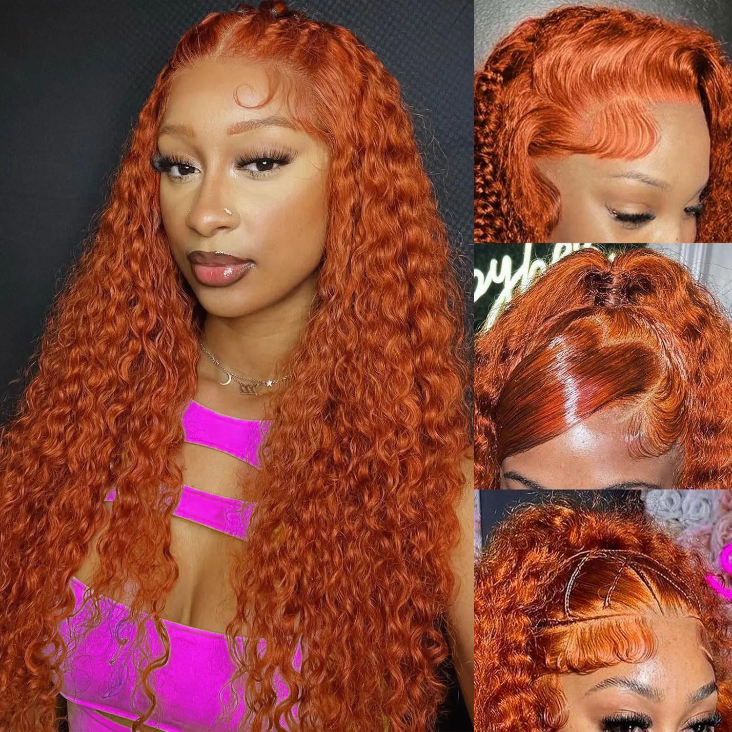 Orange Ginger wig spiral curly lace front middle part 28 inch long Glueless Wigs Human Hair Pre Plucked Pre Cut Curly Ginger  main image 3