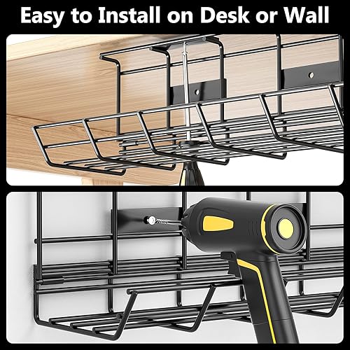 Vista 3 de Delamu - Paquete de 2 bandejas de gestión de cables para debajo del escritorio, organizador de cables de metal para escritorio, fácil de instalar