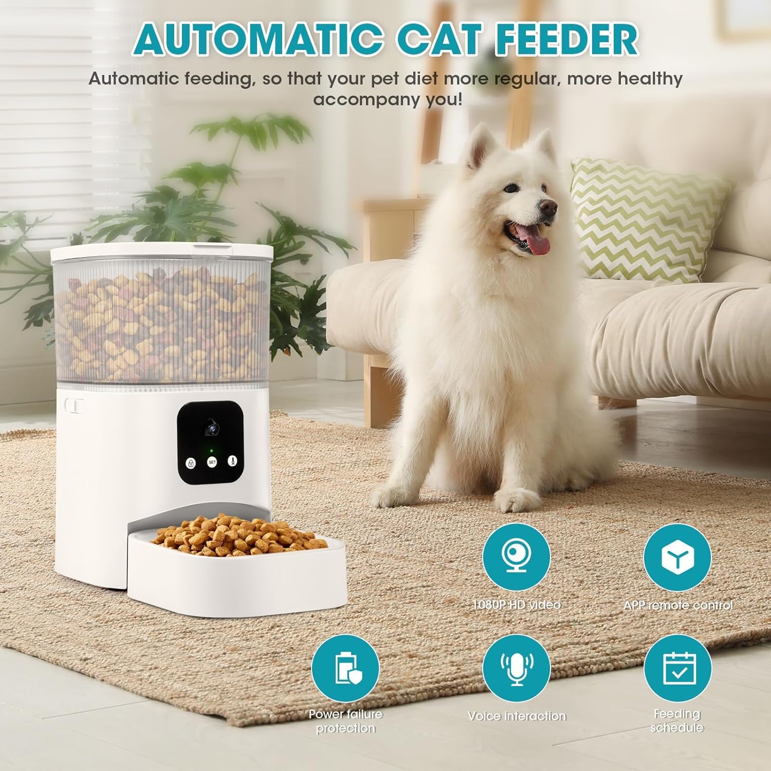 Distributore Automatico Cibo Gatti, 3L Dispenser Cibo Gatti con Fotocamera 1080P, 2,4G Wifi+Bluetooth, Funzione Timer e Registrazione Vocale