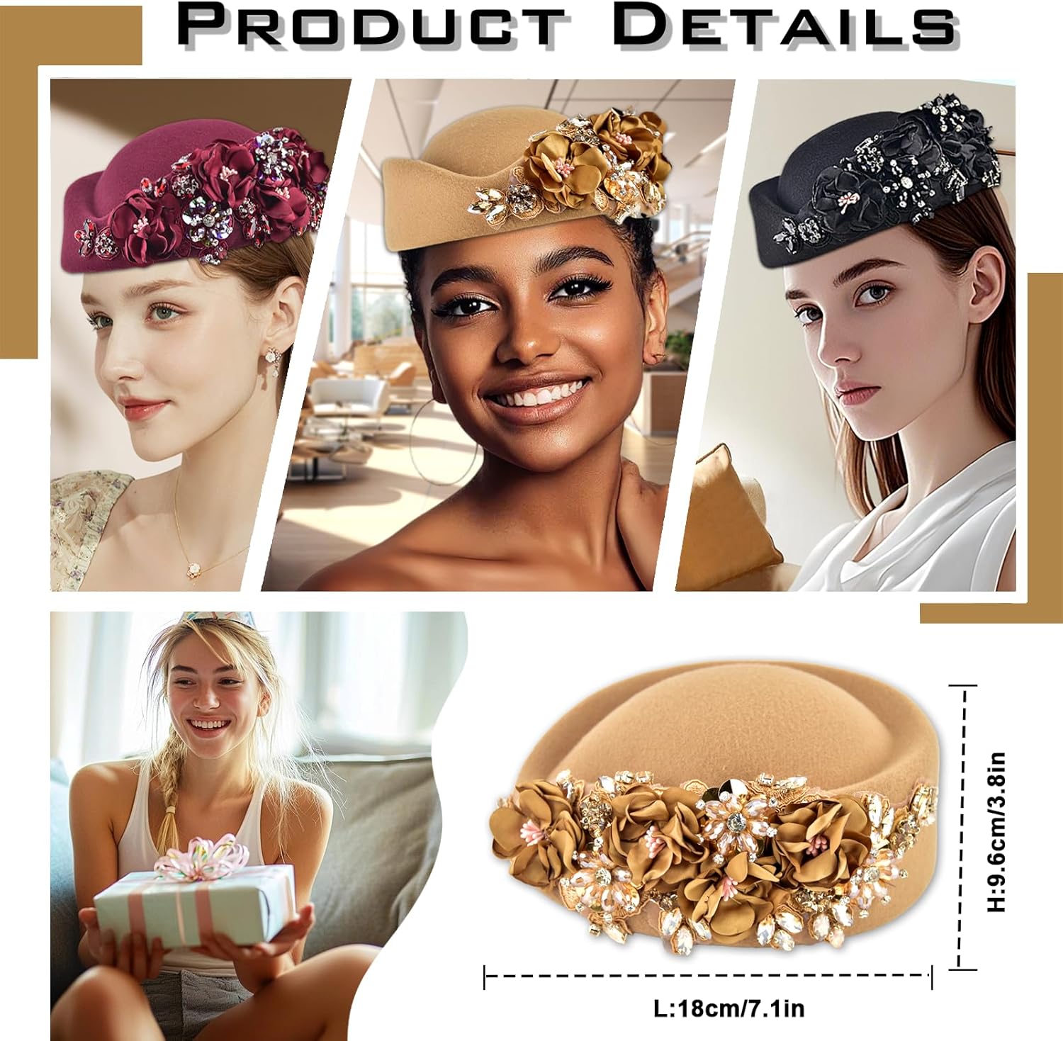 Women's Retro Stewardess Felt Hat, British Berets, Rhinestone Flower Decor, Ladies' Church Derby Hat - Image 5