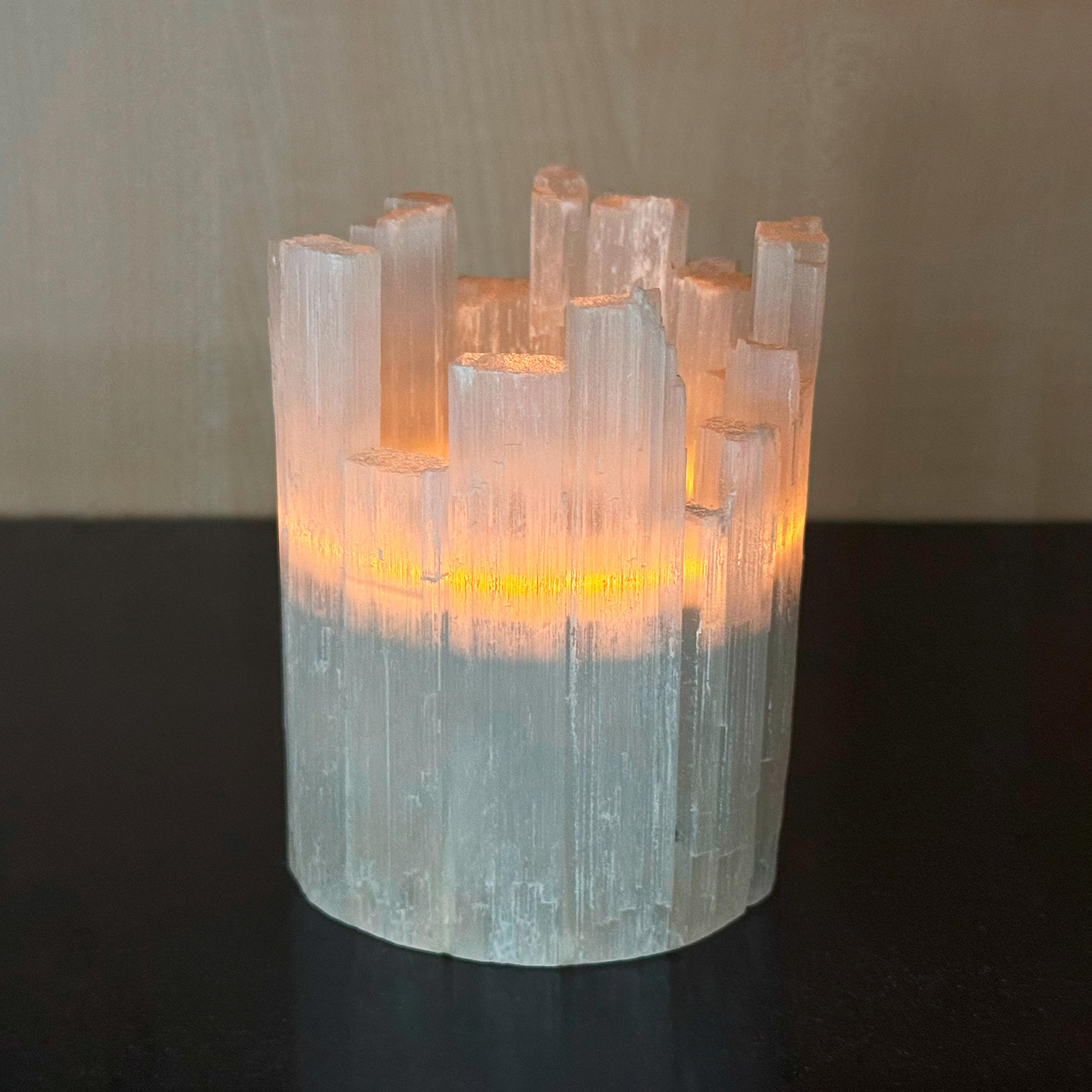 NKlaus 2 portacandele a torre selenite 12,5 x 10 cm – Grande set di portacandele in cristallo per meditazione, lavoro energetico e armonia spaziale