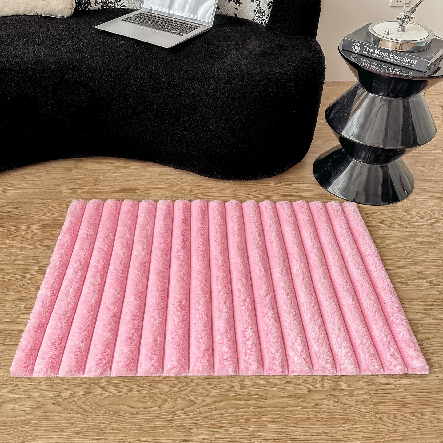 Light Pink Rabbit Plush Striped Area Rug for Bedroom Living Room Sofa,2'x3' Fluffy Shaggy Rectangular Square Rug for Kids Teen Girls Room,Furry Carpet Rug for Nursery Baby Room Light Pink 2'x3'(Rectangle)