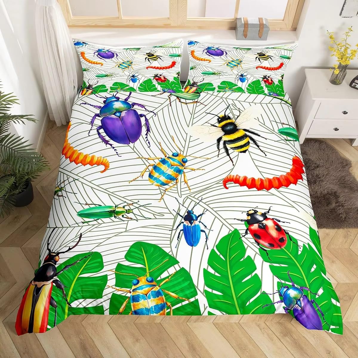Parure de lit 2 personnes motif insectes, housse 240x260 respirante avec fermeture éclair