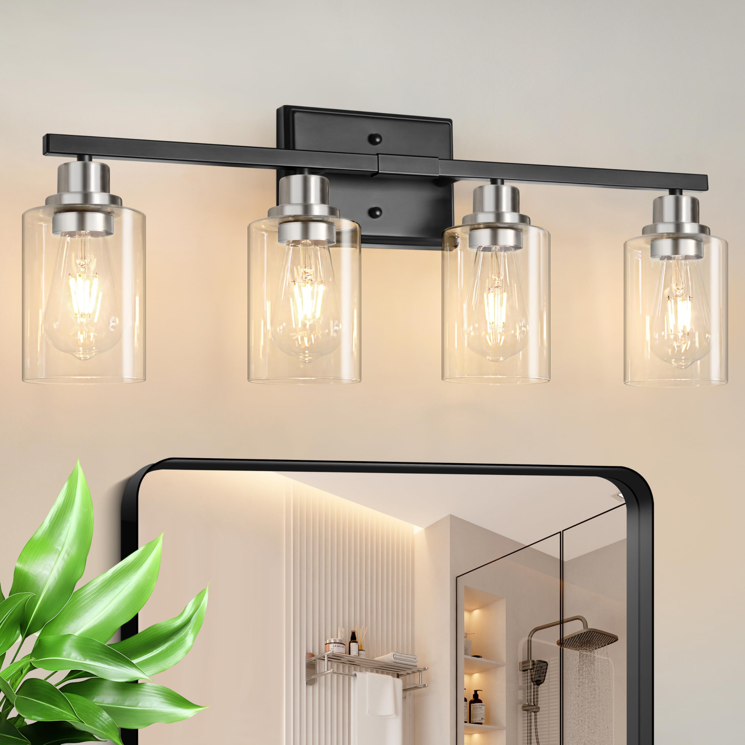 Unicozin Modern Bathroom Light Fixtures, 4 Light Vanity Lights Over Mirror, Black and Brushed Nickel Wall Lamp with Clear Glass for Living Room Cabinet Bedroom Porch