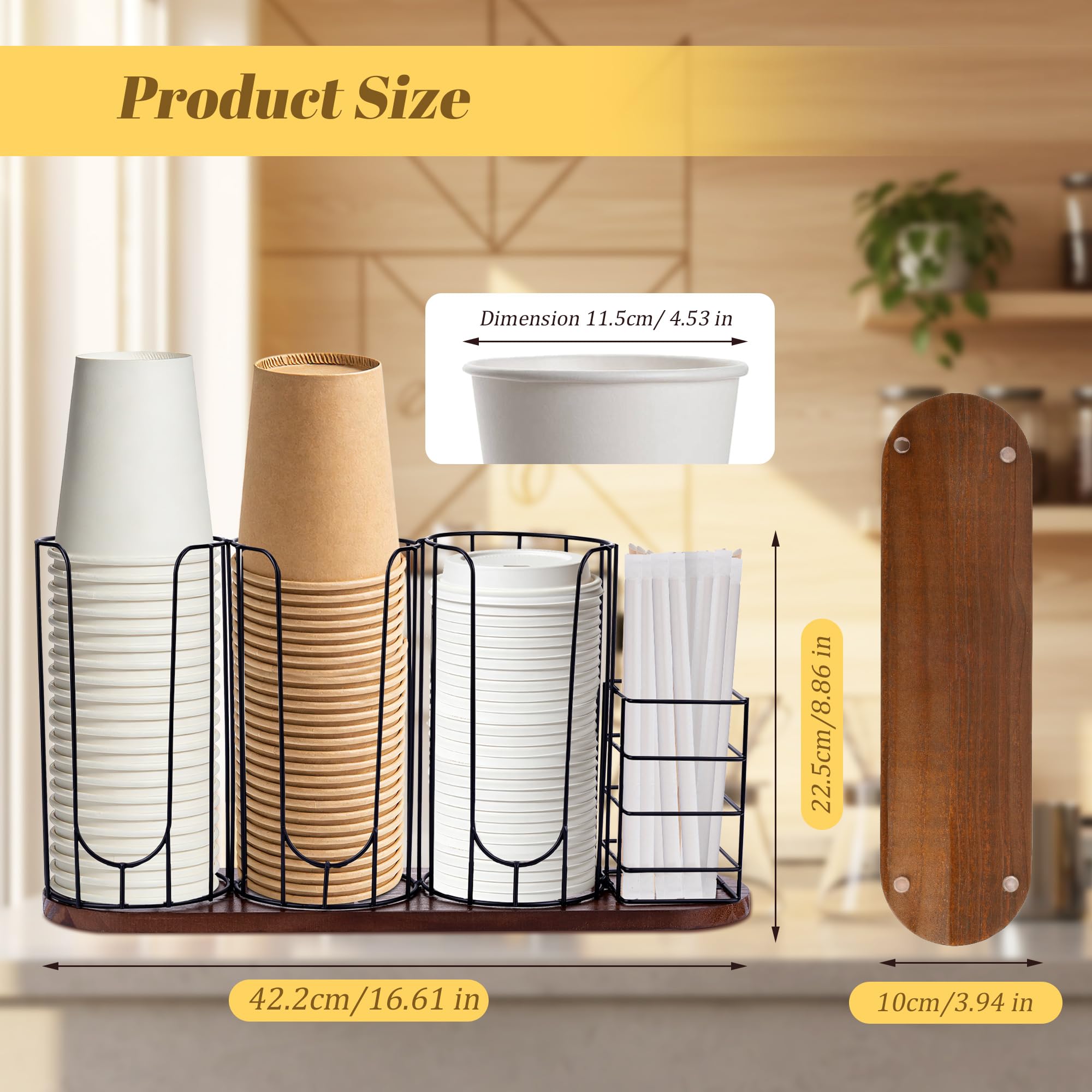 HOMIEE Soporte para Tazas y Tapa Organizador de Café Desechables Metal Dispensador Vasos Desechables de 4 Compartimentos para Café, Bar, Encimera, Sala de Descanso