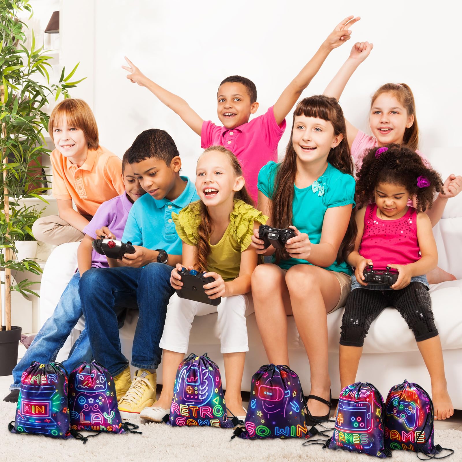 Huhumy 16 bolsas de recuerdo de fiesta de videojuegos, bolsas de cordón de neón de 12 x 10 pulgadas para niños y niñas, juego temático, suministros de fiesta, regalos, bolsas de dulces para fiestas de