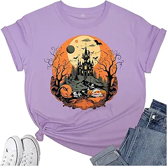 Women's Halloween Shirt: Crewneck Art Patterns Short Sleeve Halloween Party T-Shirt