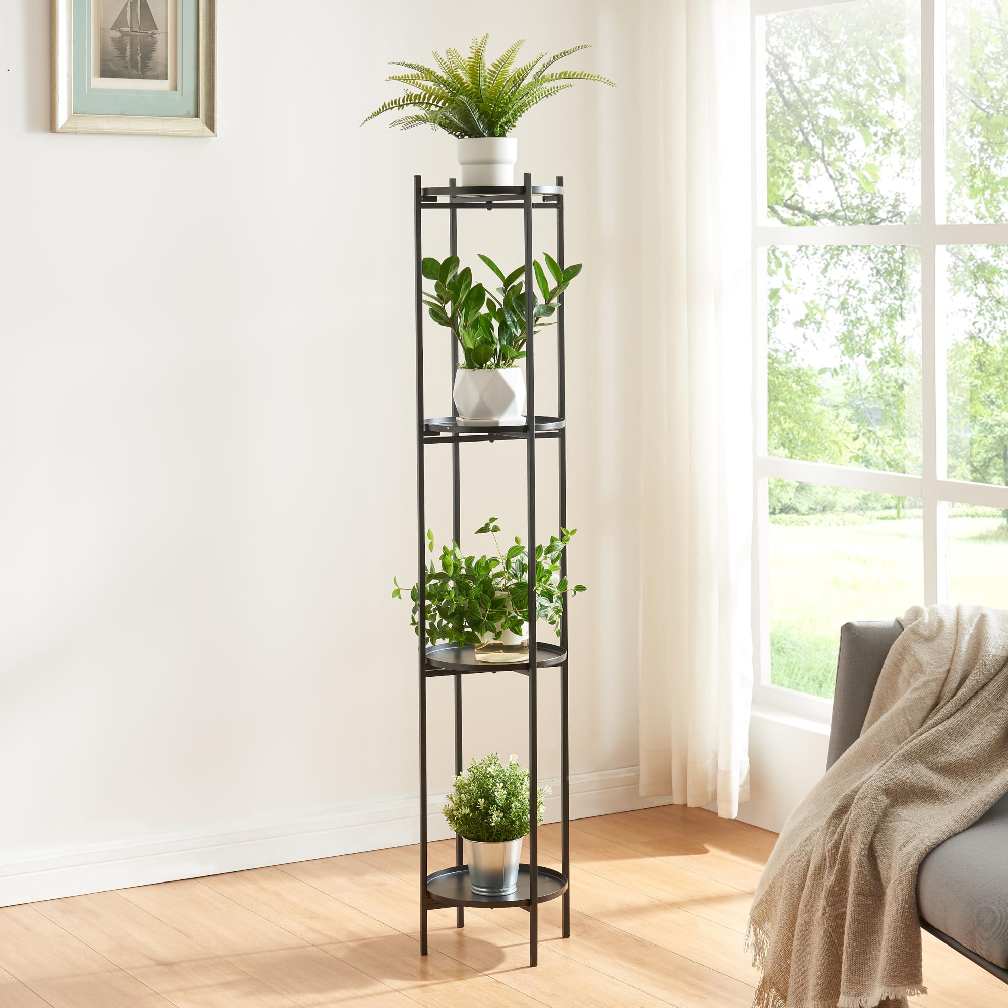 [en.casa] Portavasi Piedistallo per Piante Scaffale Portafiori a 4 Livelli Supporto Piante con Sottovasi Rotondi Portapiante in Metallo 134 x 25 cm Nero