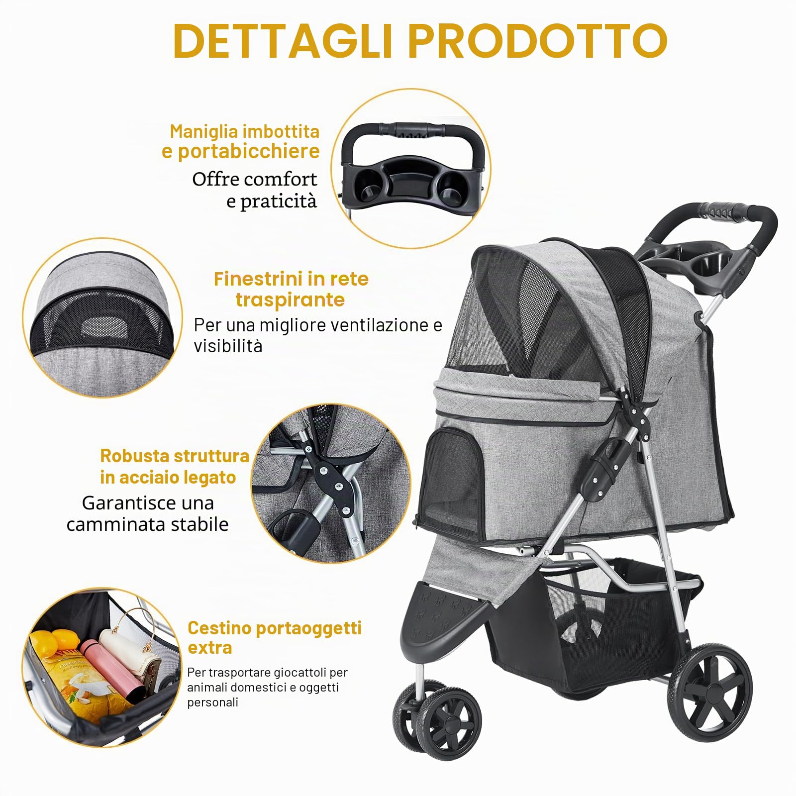 Passeggino per Cani con Freni a Mano Singola e Copertura Antipioggia [Capacità 15KG] - Carrello Pieghevole per Animali Domestici, Carrozzina con Ruote Sicure (Ideale per Viaggi), grigio