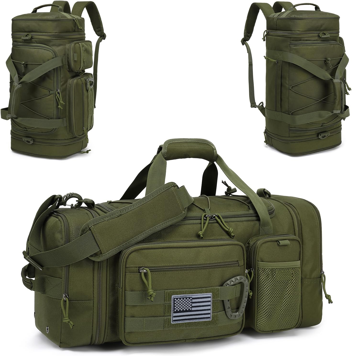 3 in 1 Tactical Gym Bag Backpack for Men 40-45L Expandable Travel Duffle Bag for Women Military Sport Duffel Bags Weekend Overnight with Shoe Compartment & Wet Pocket for Fitness, Green